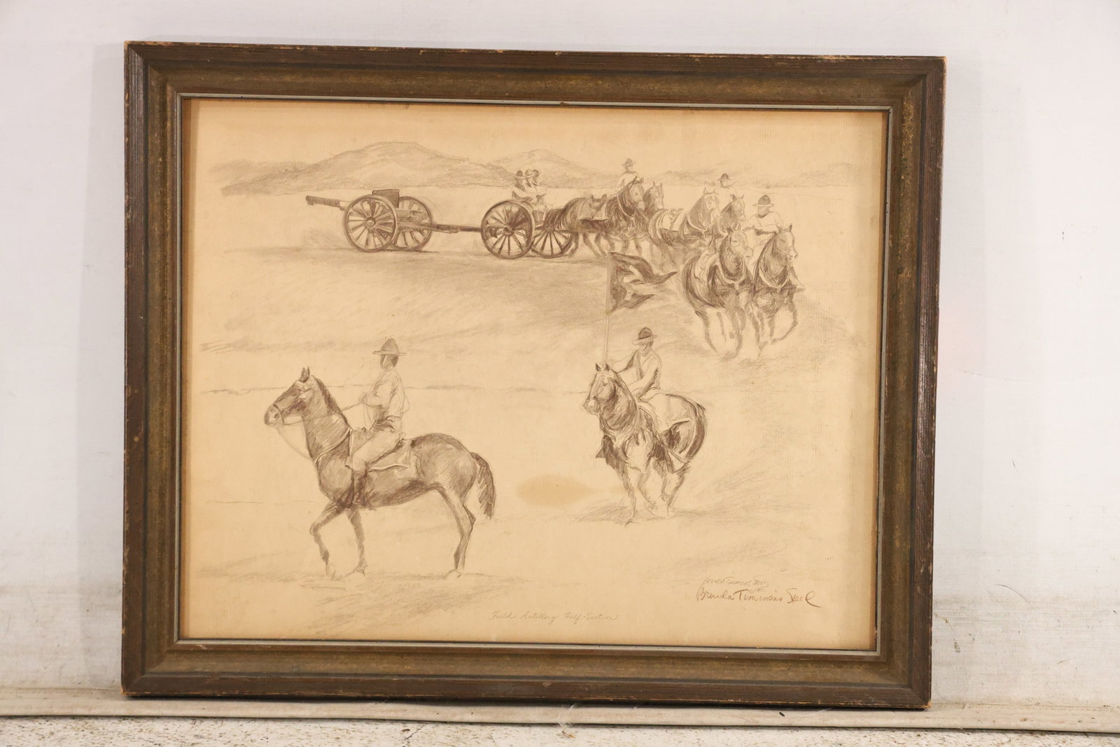 Brenda Timmons Steed “Field Artillery Half-Section?? Signed Drawing, 1972: Drawing on paper depicting Fort Sill’s horse-drawn Field Artillery Half-Section. Signed and dated May 1972 on the front and back. Reverse inscription identifies the artist as Brenda Timmons Steed