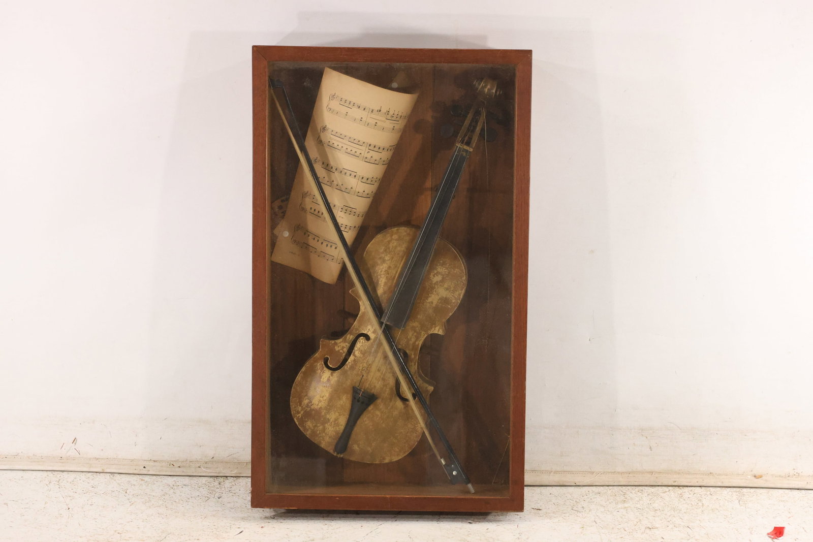 Antique Violin in Shadow Box Display: Wooden violin displayed in a deep shadow box. No visible maker’s mark noted. Offered as a decorative display piece. Shadow box measures 27 x 16 x 4.5 inches. **Pickup Notice:** This item requires a
