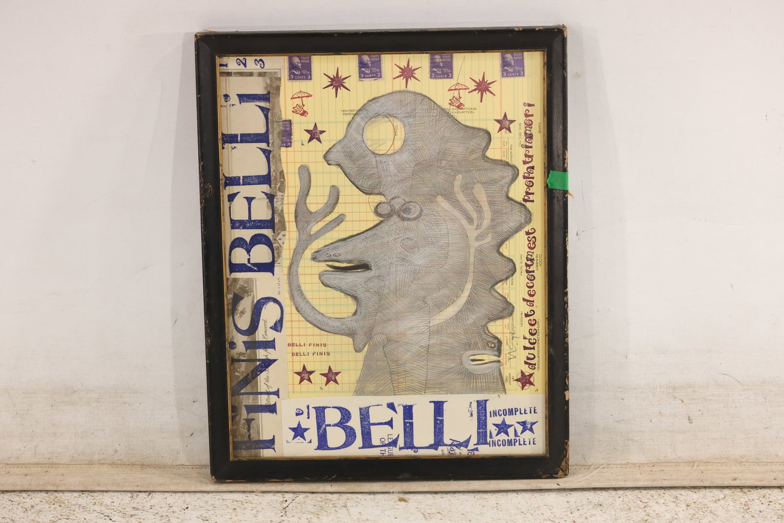 Wayne Cunningham Signed “Finis Belli?? Mixed-Media Collage: Signed mixed-media collage featuring a crosshatched profile surrounded by stars and the words “FINIS BELLI” and “BELLI.” Presented in a dark frame. Artwork measures 14 x 11 inches.