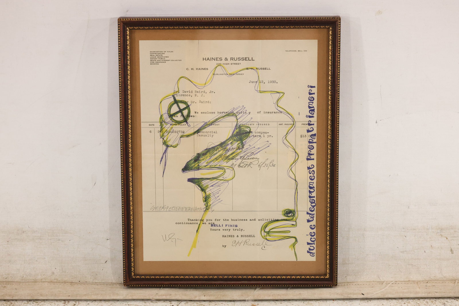Wayne Cunningham Signed Mixed-Media Abstraction: Signed mixed-media artwork with a loose abstract figure drawn over printed paper, green accents, and vertical lettering. Framed. Artwork measures 12.5 x 9.75 inches. Outside frame measures 13 x 11