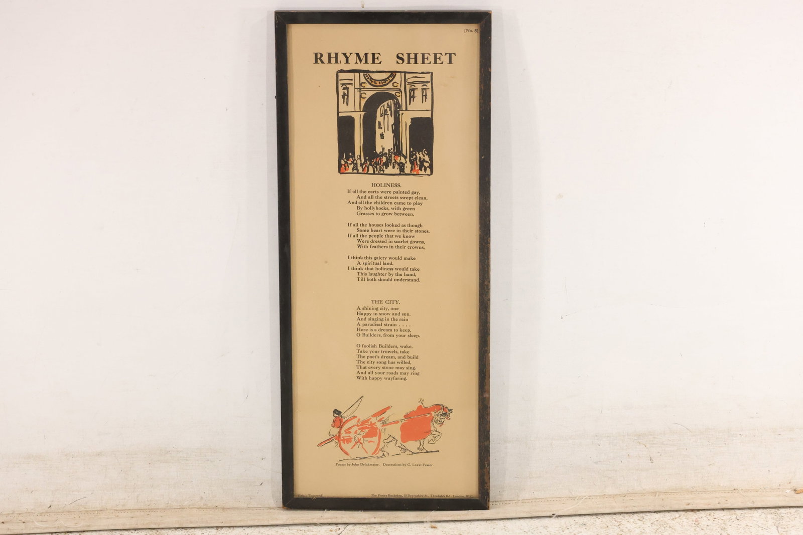 Poetry Bookshop “Rhyme Sheet?? Broadside, C. Lovat Fraser Illustrations: Poetry broadside published by The Poetry Bookshop, London, with illustrations and decorations credited to C. Lovat Fraser. Includes “Holiness” and “The City” and is marked “Eighth