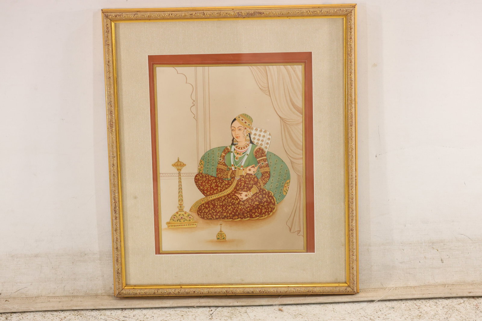 Indo-Persian Style Miniature Painting of a Noblewoman: Painting on paper depicting a seated noblewoman beside a decorative hookah. Detailed costume and border decoration in the Indo-Persian miniature tradition. Unsigned. Matted and framed. Artwork