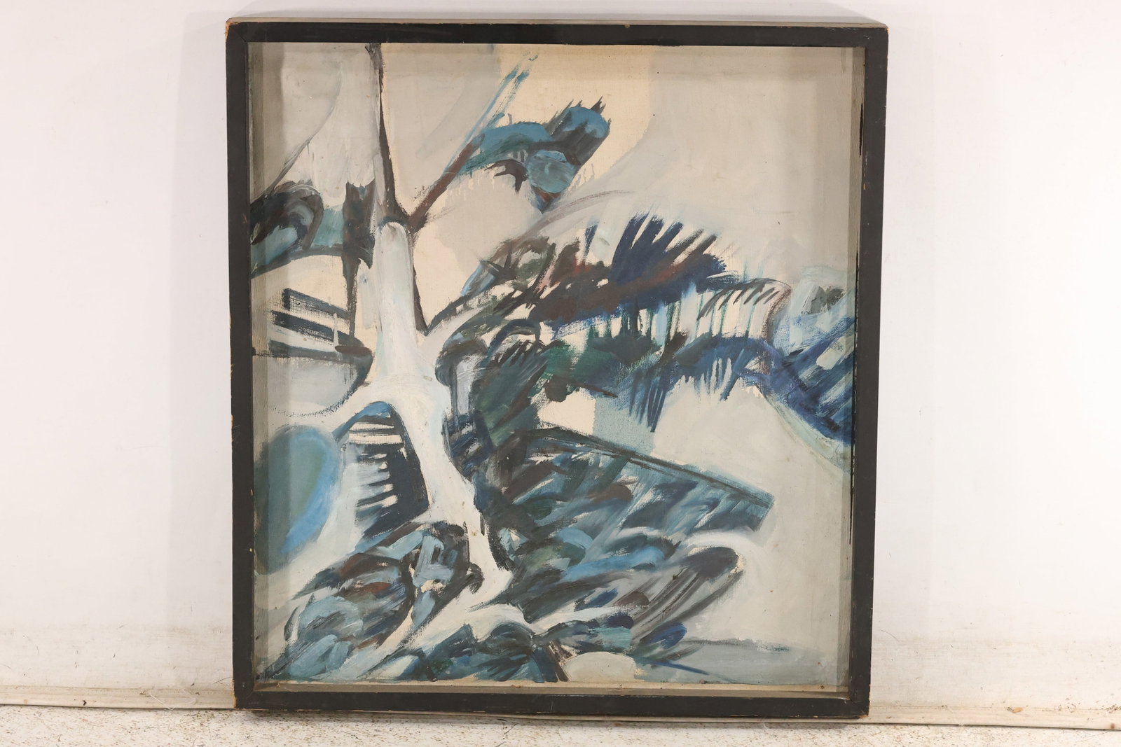 Vintage Abstract Oil Painting on Canvas: Vintage abstract oil painting on canvas with sweeping black, teal, and blue forms against a pale background. Presented in a dark wood frame. Artwork measures 26 x 24 inches. Outside frame measures 27 