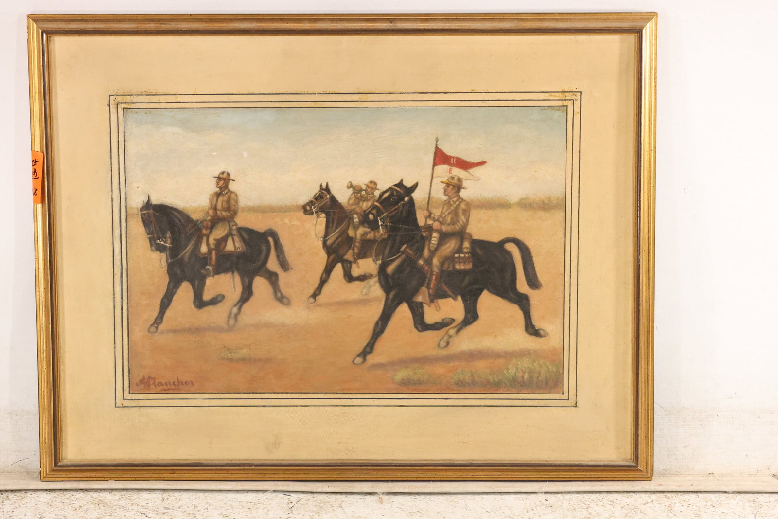 A. Plancher Signed Cavalry Oil Painting on Board: Oil painting on board depicting mounted cavalrymen crossing dusty terrain, including a foreground rider carrying a red-and-white guidon and a bugler behind. Signed “A. Plancher” lower left. Fr