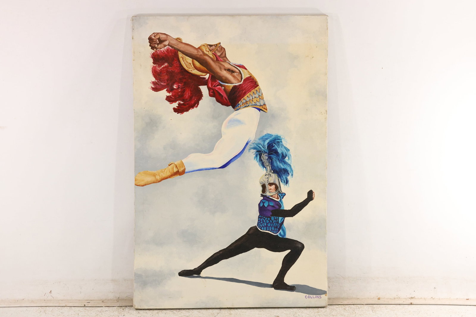 Signed Collins Theatrical Performers Painting: Painting on canvas depicting two costumed performers, one leaping in a red-plumed headpiece and the other posed below wearing blue plumes. Signed “Collins” lower right. Artwork measures 36 x 2
