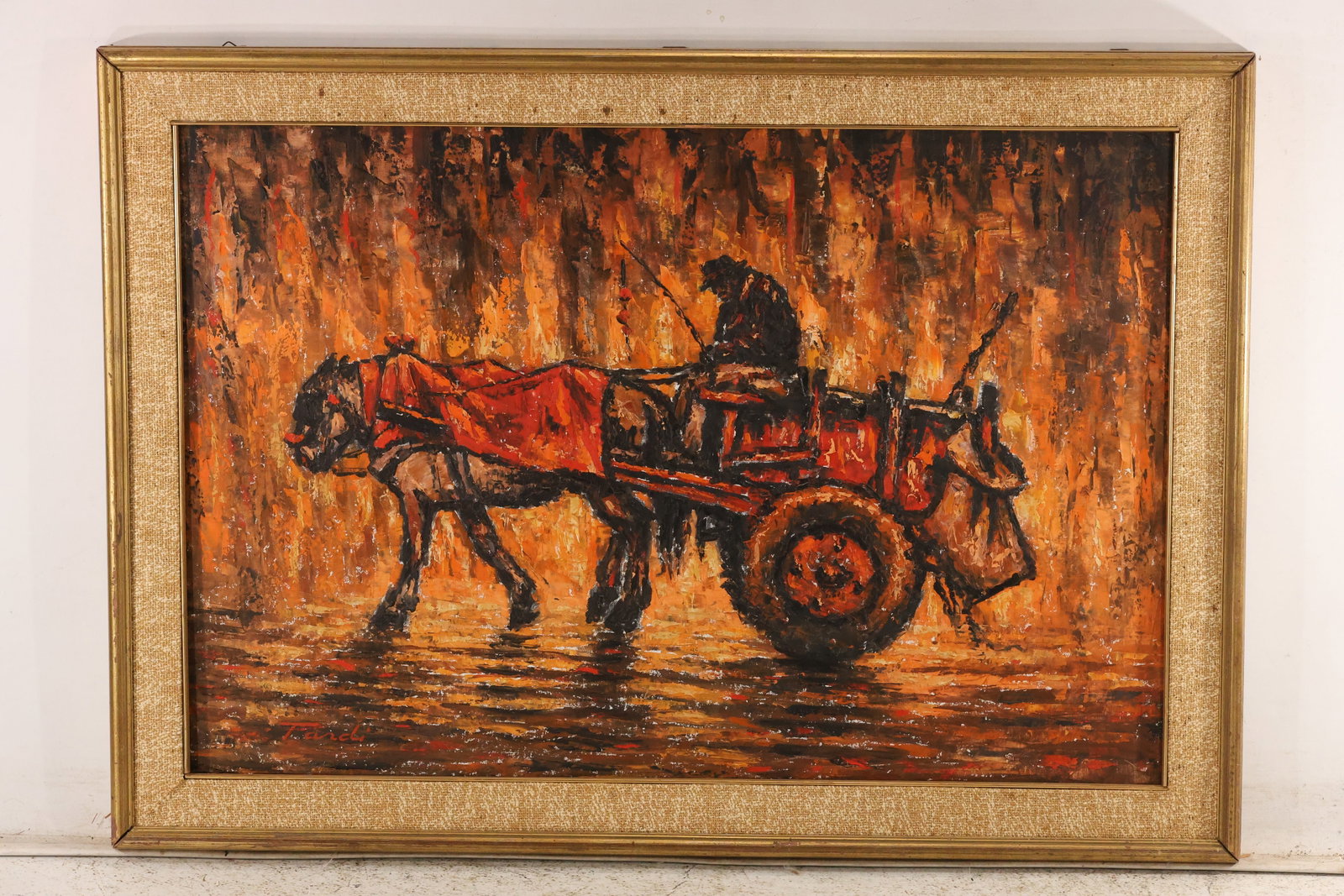 Signed Tandi “Carrettiere?? Painting on Canvas: Painting on canvas depicting an Italian cart-driver street scene, with textured brushwork and earthy ochre, red, and black tones. Signed “Tandi” and titled “Carrettiere” on the reverse