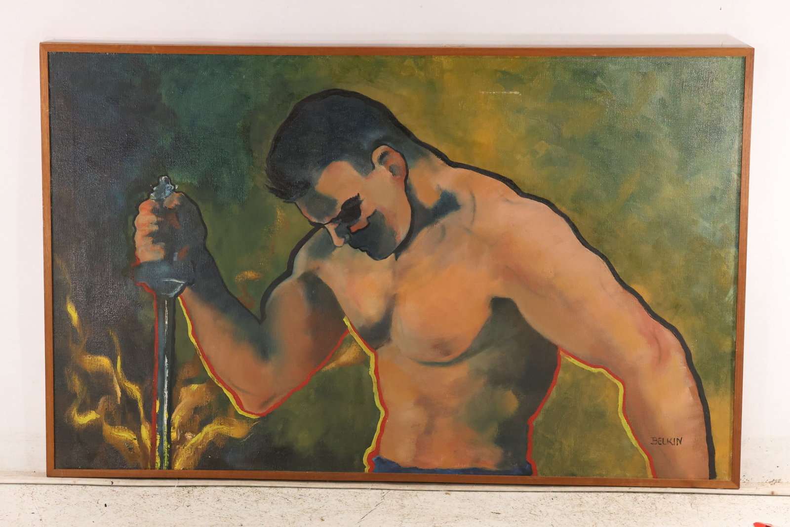 Arnold Belkin Signed Figural Painting: Expressionist painting depicting a muscular figure working with metal or a sword above flames. Signed “Belkin” lower right and “Arnold Belkin” on the reverse of the canvas. Framed. Art