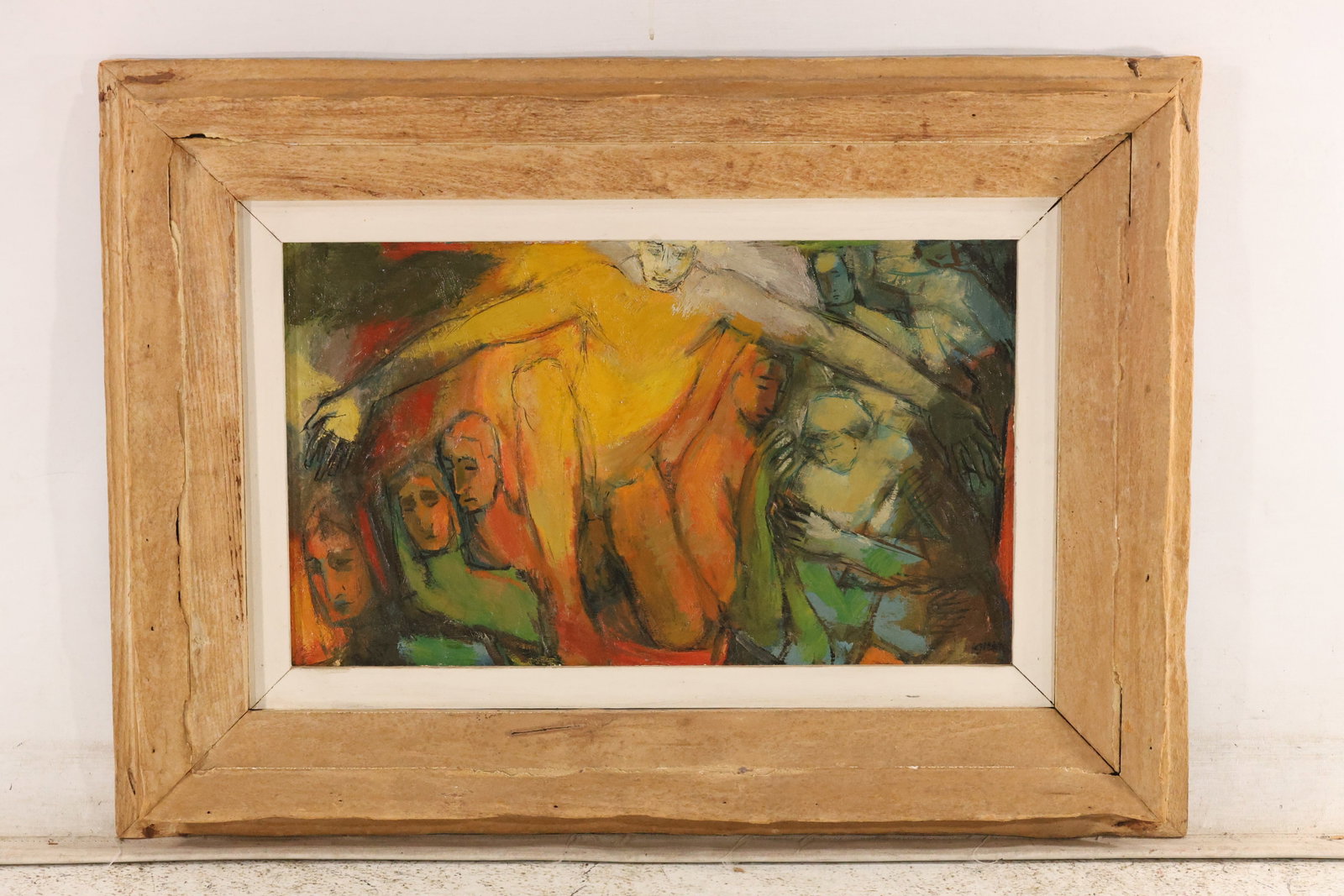 “Benediction?? Signed Expressionist Figural Painting: Painting with a luminous yellow figure extending its arms amid smaller stylized figures. Signed lower right. Reverse label gives the title “Benediction” and names Lester Knorr of New Haven, Co