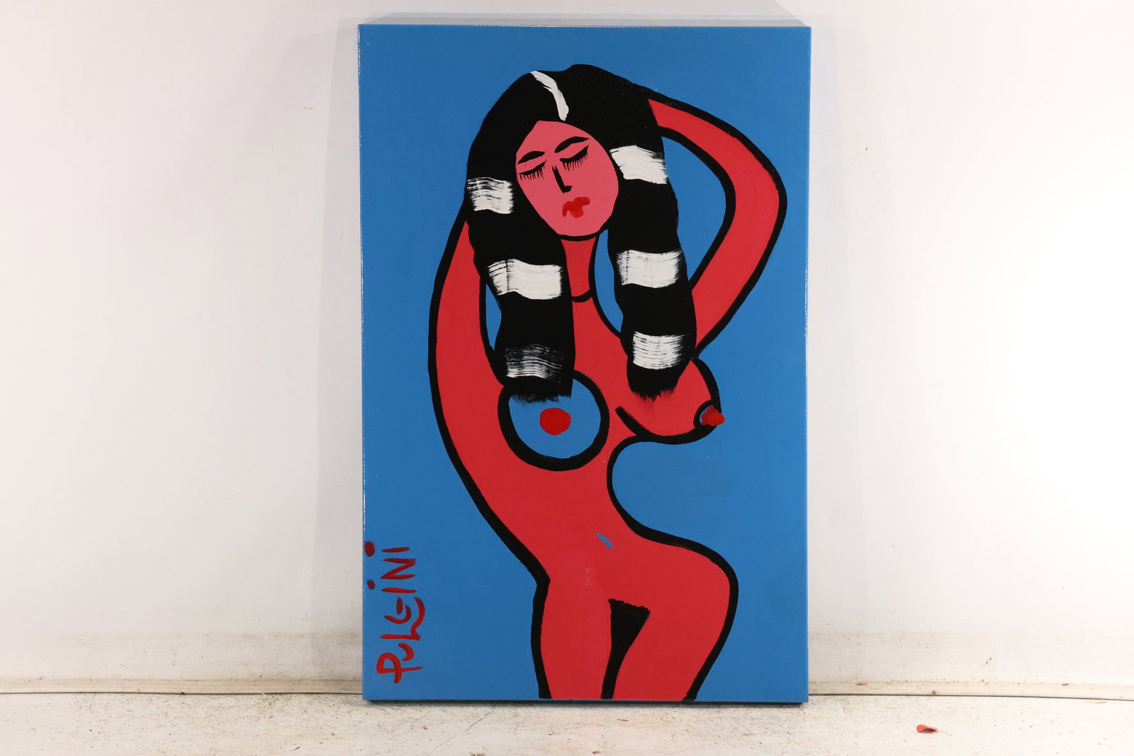 Thomas Pulgini Pink Nude on Blue Painting: Original painting by Thomas Pulgini. A standing pink figure with raised arms and long black hair divided by white bands, set against a bright blue background. Size: 36 x 24 inches. Shelf ID: c1 **Pick