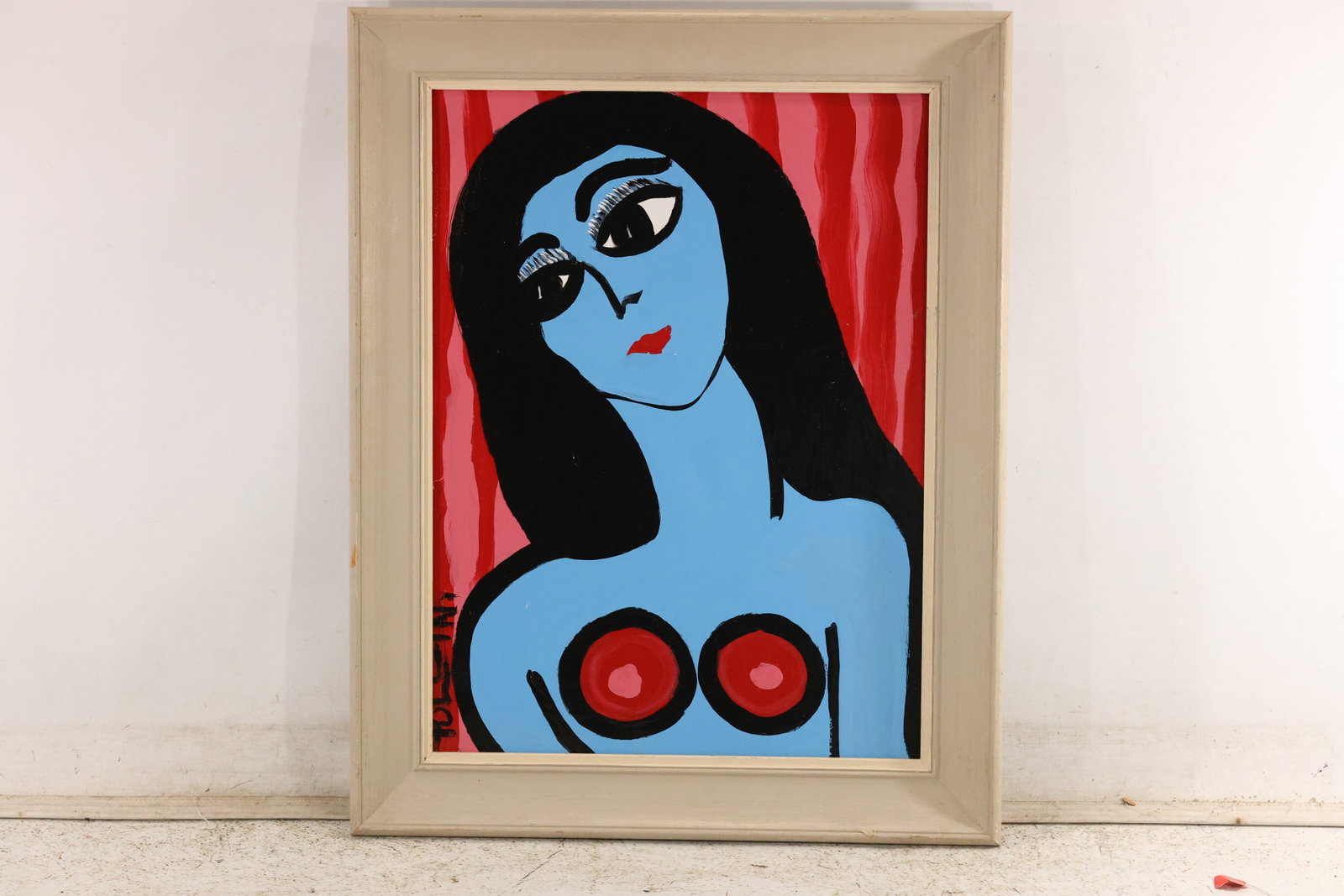 Thomas Pulgini Blue Figure with Red Accents Painting: Original painting by Thomas Pulgini. A blue female figure with long black hair, oversized eyes, and red circular accents against a red background. Presented in a cream-colored frame. Size: 24 x 18 inc