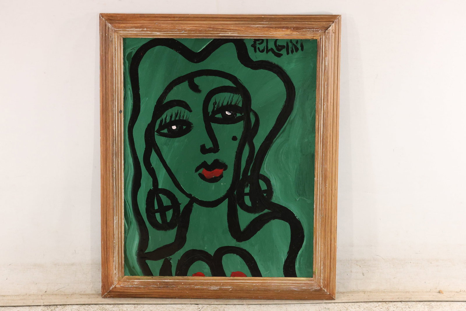 Thomas Pulgini Green Portrait with Hoop Earrings Painting: Original painting by Thomas Pulgini. A stylized female portrait rendered in green with sweeping black outlines, large eyes, red lips, and circular earrings. Framed. Size: 20 x 16 inches. Outside frame