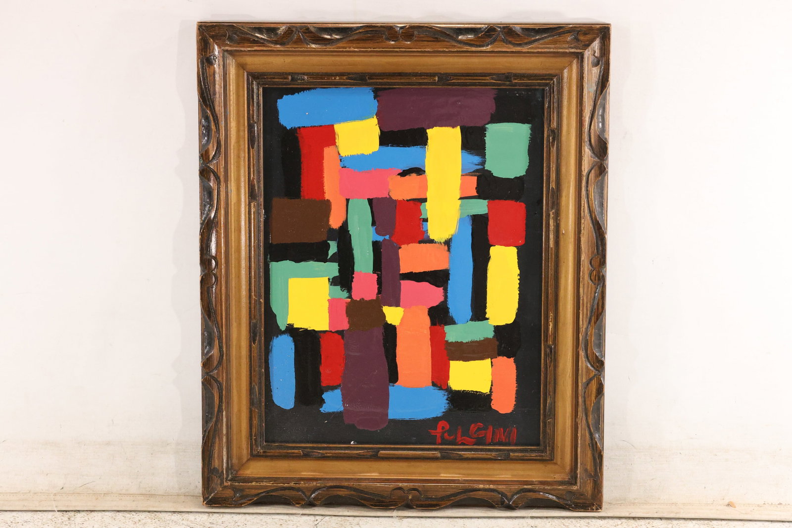 Thomas Pulgini Multicolor Geometric Abstraction Painting: Original painting by Thomas Pulgini. An arrangement of small red, yellow, blue, green, and purple blocks against a dark ground. Presented in a decorative wood frame. Size: 18 x 14 inches. Outside fram