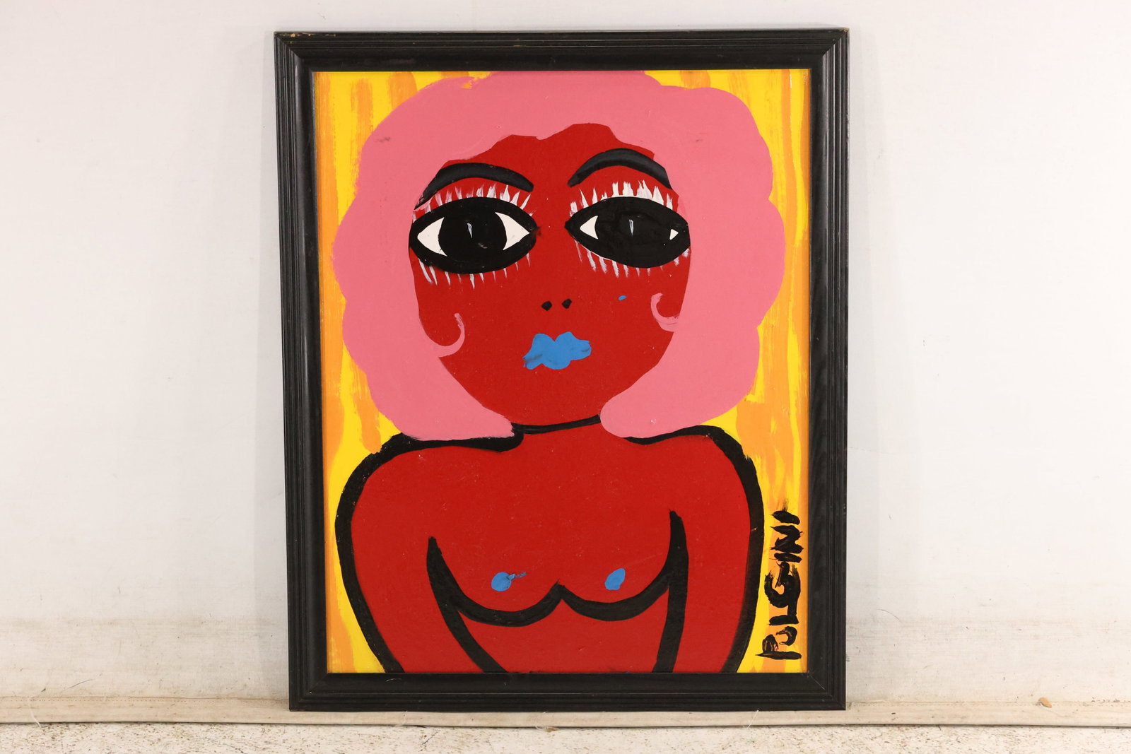 Thomas Pulgini Pink-Haired Portrait on Orange Painting: Original painting by Thomas Pulgini. A red figure with pink hair, oversized black-and-white eyes, and blue facial accents against an orange-yellow background. Presented in a dark frame. Size: 20 x 16 