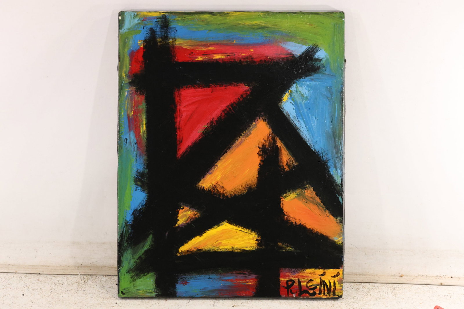 Thomas Pulgini Bold Black and Color Abstraction Painting: Original painting by Thomas Pulgini. Broad black strokes divide passages of red, blue, orange, yellow, and green in a loosely brushed geometric composition. Size: 28 x 22 inches. Shelf ID: c2 **Pickup
