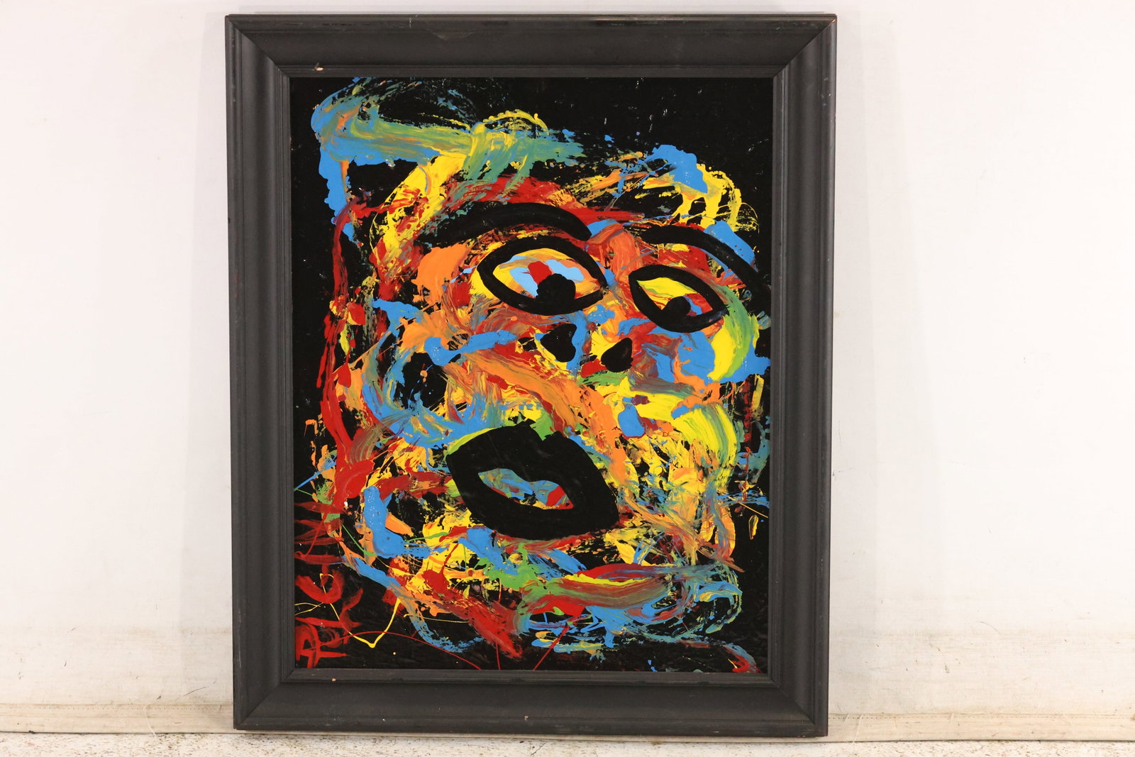 Thomas Pulgini Expressive Multicolor Face Painting: Original painting by Thomas Pulgini. An expressive face built from energetic yellow, red, blue, and orange marks against a dark ground, with outlined eyes and an open dark mouth. Presented in a dark f