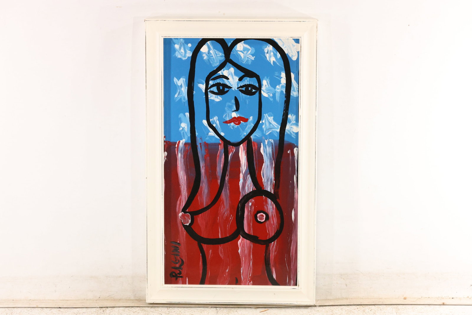 Thomas Pulgini Red White and Blue Figure Painting: Original painting by Thomas Pulgini. A tall female figure with a blue face and red torso, accented with white brushwork and flowing black outlines. Presented in a light-colored frame. Size: 27 x 17 in