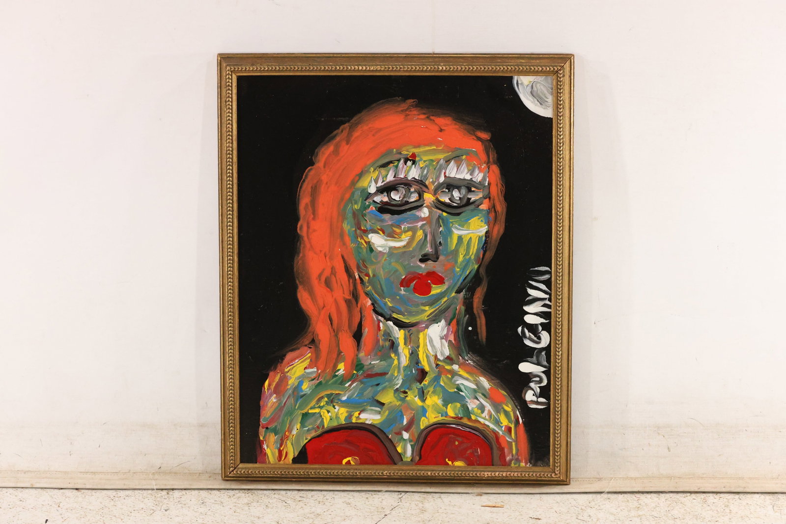 Thomas Pulgini Textured Portrait with Orange Hair Painting: Original painting by Thomas Pulgini. A female face and torso formed from layered multicolor marks, framed by orange hair against a black ground. Presented in a gold-toned frame. Size: 20 x 16 inches. 