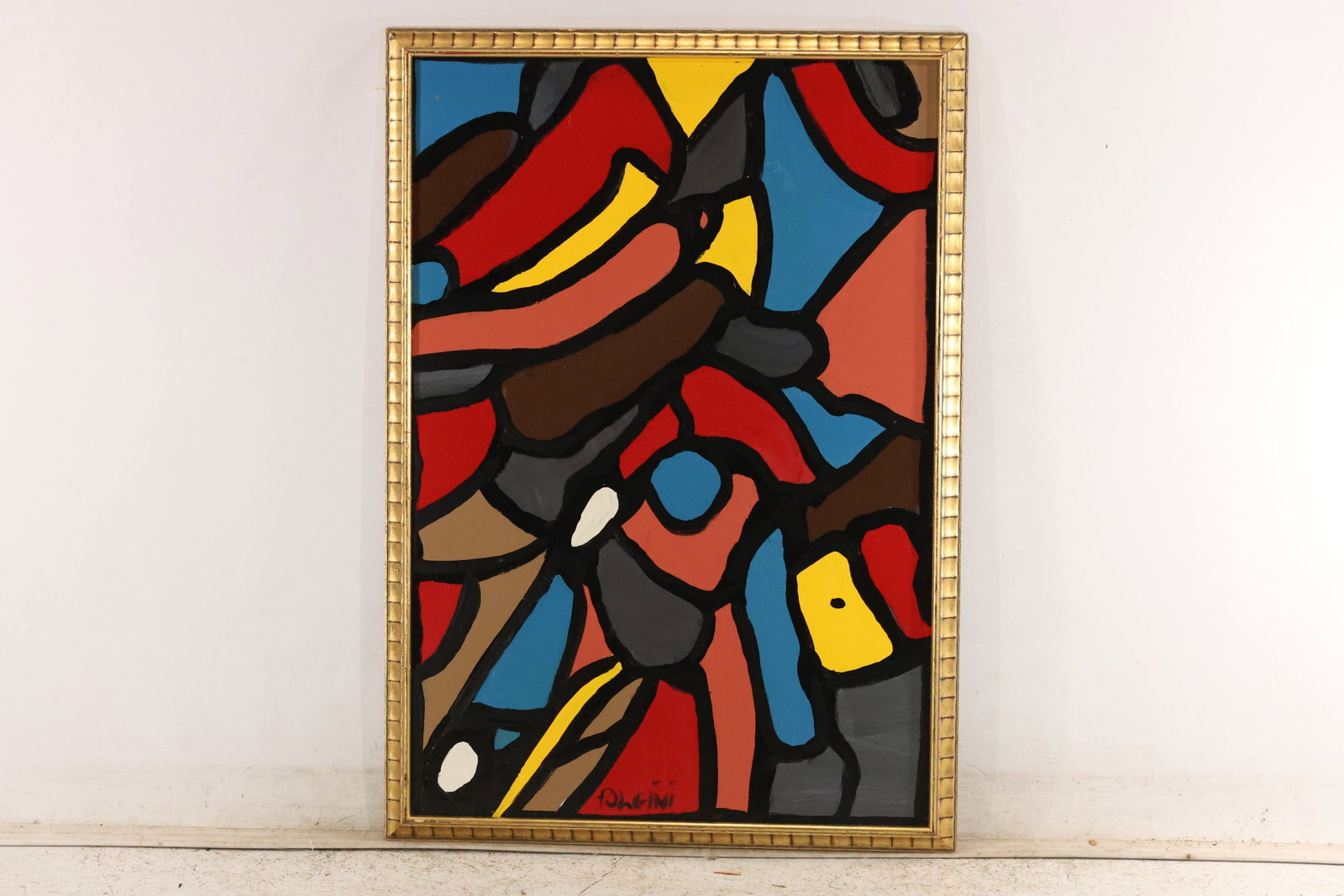 Thomas Pulgini Interlocking Color Abstraction Painting: Original painting by Thomas Pulgini. Interlocking red, yellow, blue, brown, and orange shapes separated by thick black outlines. Presented in a gold-toned frame. Size: 32 x 22 inches. Outside frame me