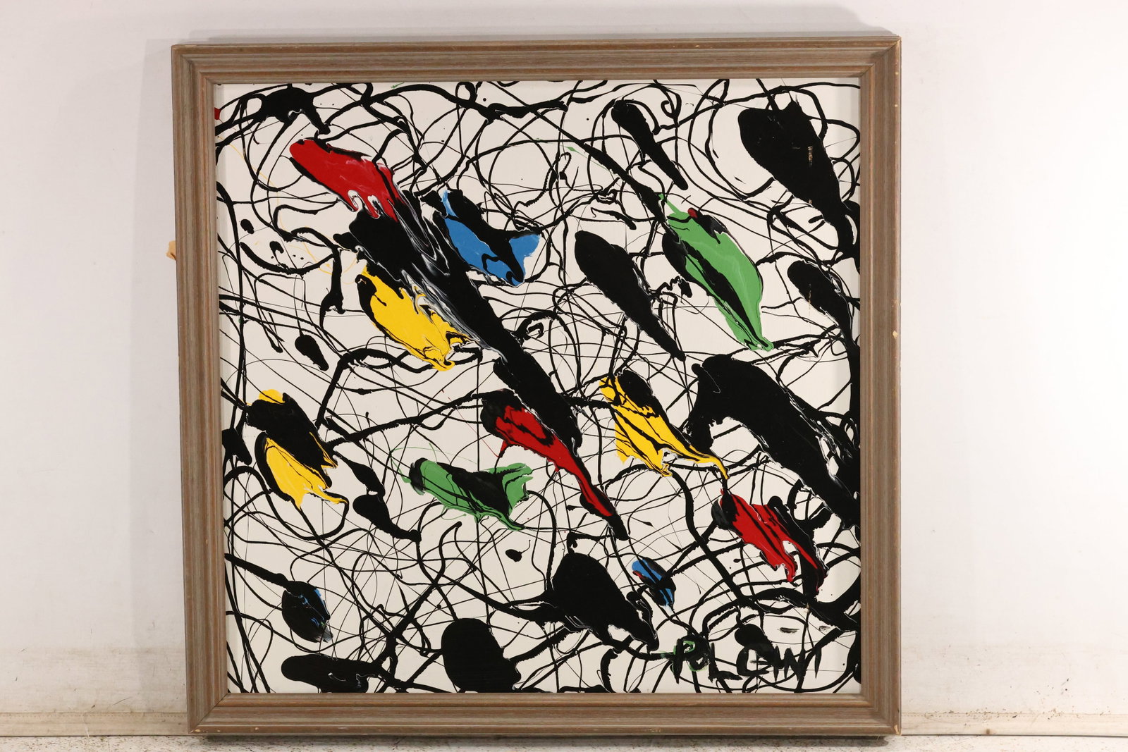 Thomas Pulgini Black and Color Drip Abstraction on White Painting: Original painting by Thomas Pulgini. Looping black lines and splashes cross a white ground with scattered red, blue, green, and yellow accents. Framed. Size: 25 x 26 inches. Outside frame measures 28 