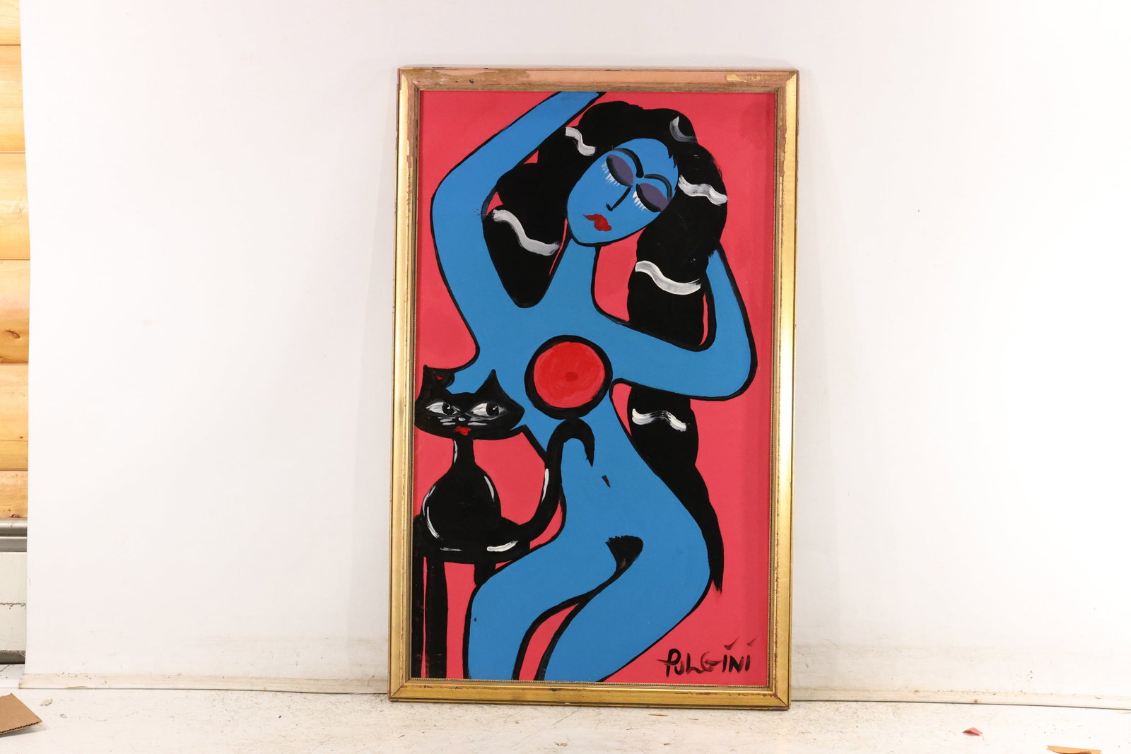 Thomas Pulgini Blue Nude with Black Cat Painting: Original painting by Thomas Pulgini. A curving blue figure with long black hair and red accents beside a black cat, set against a pink-red background. Presented in a gold-toned frame. Size: 36 x 22 in