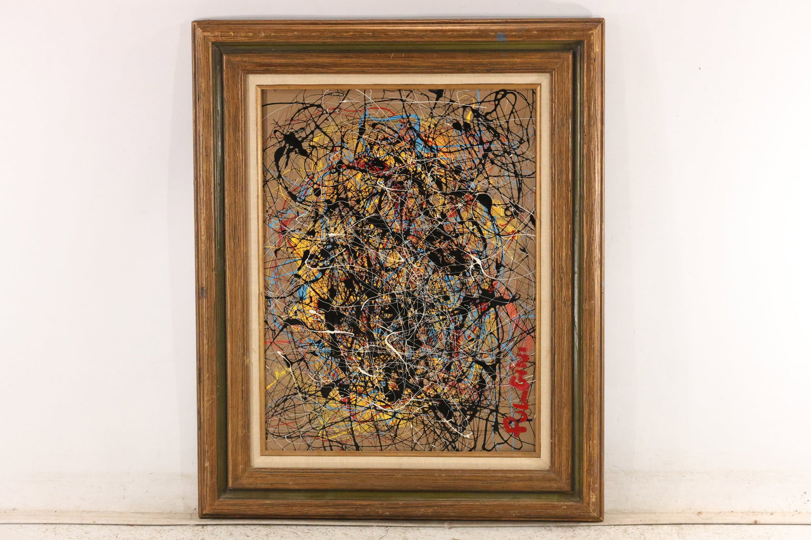 Thomas Pulgini Fine-Line Drip Abstraction Painting: Original painting by Thomas Pulgini. Fine black lines and scattered multicolor paint marks form a dense allover composition on a pale ground. Presented in a layered wood-toned frame with a light liner