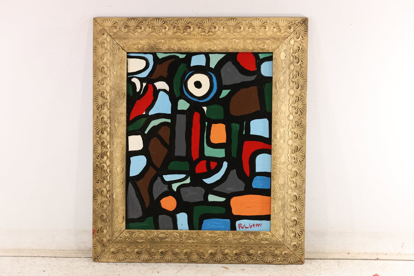 Thomas Pulgini Organic Color Abstraction in Ornate Frame Painting: Original painting by Thomas Pulgini. Interlocking organic forms in blue, green, red, orange, and white, outlined in black. Presented in a wide ornate gold-toned frame. Size: 23 x 18 inches. Outside fr