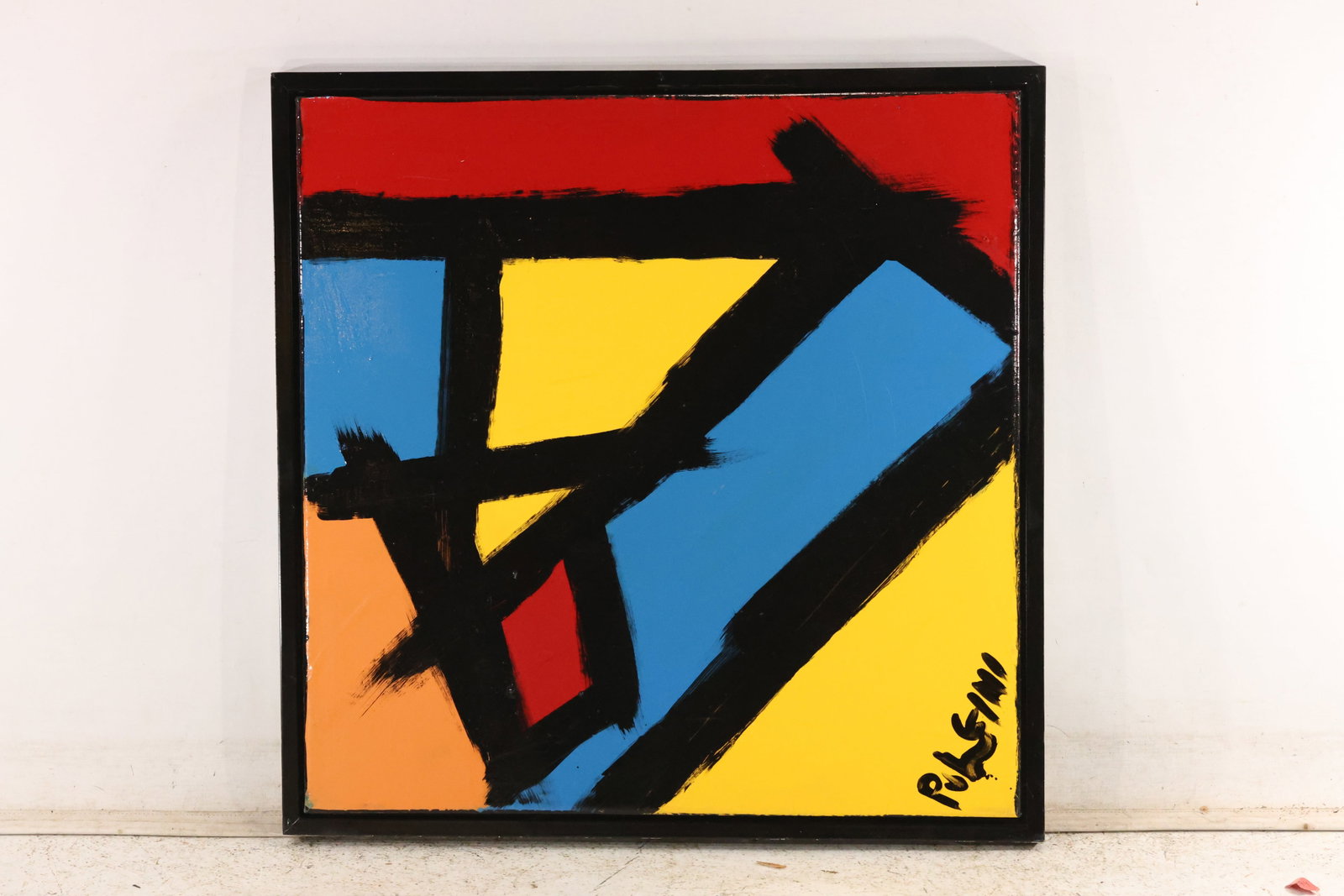 Thomas Pulgini Square Primary Color Abstraction Painting: Original painting by Thomas Pulgini. A square composition of bold black angular strokes over red, blue, yellow, and orange areas. Presented in a narrow dark floating frame. Size: 26 x 26 inches. Outsi