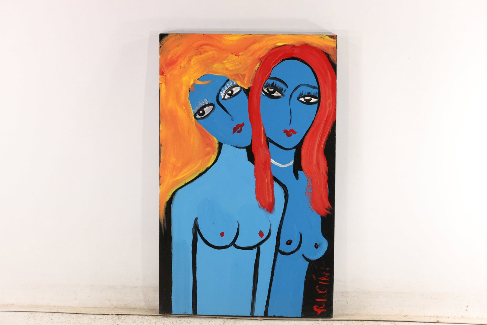 Thomas Pulgini Two Blue Figures on Orange Painting: Original painting by Thomas Pulgini. Two blue female figures with tilted heads and long red-and-orange hair against a warm orange background. Size: 32 x 20 inches. Shelf ID: c2 **Pickup Notice:** This