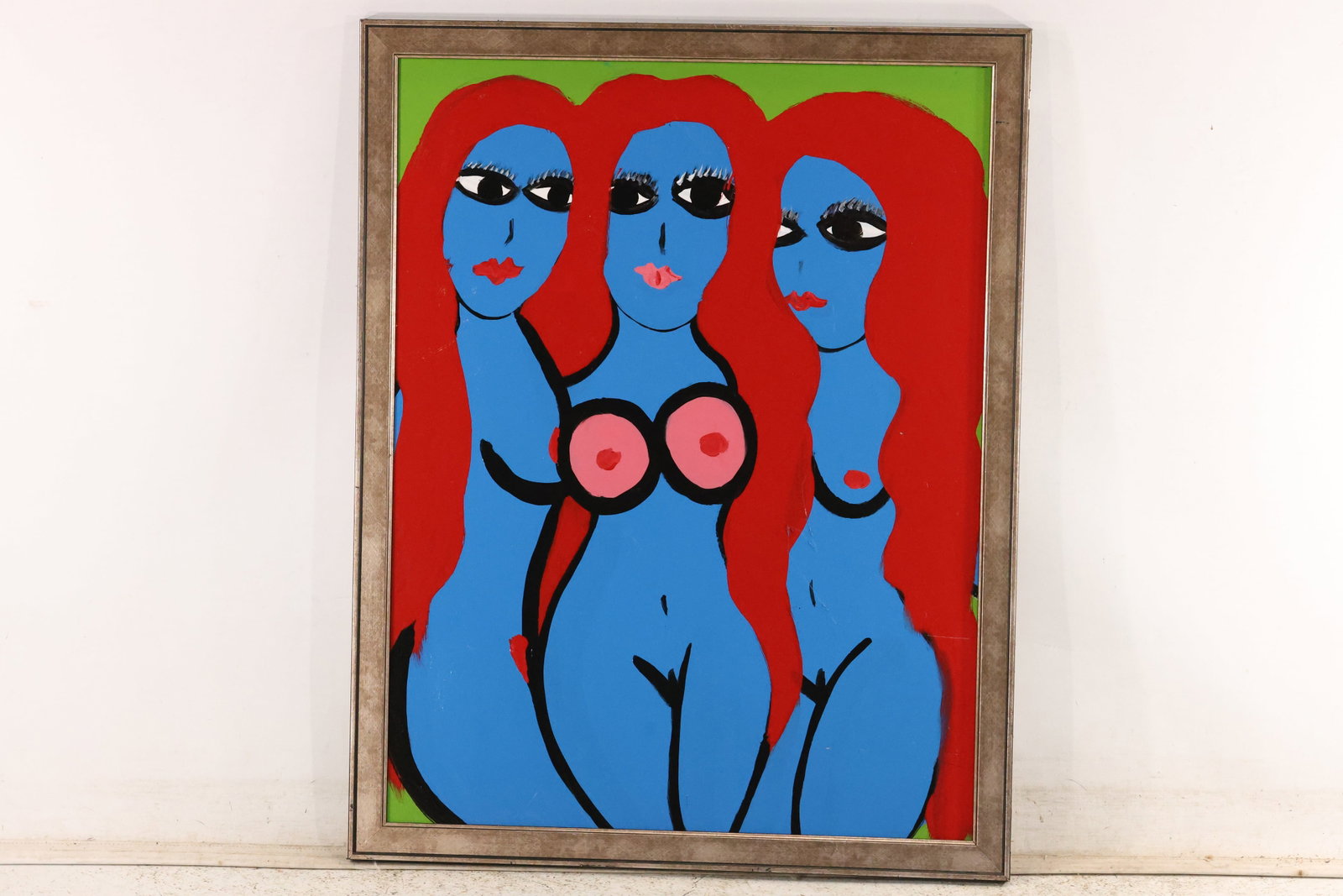 Thomas Pulgini Three Blue Figures with Red Hair Painting: Original painting by Thomas Pulgini. Three closely grouped blue figures with long red hair and pink accents against a green background. Framed. Size: 31 x 24 inches. Outside frame measures 34 x 27 inc