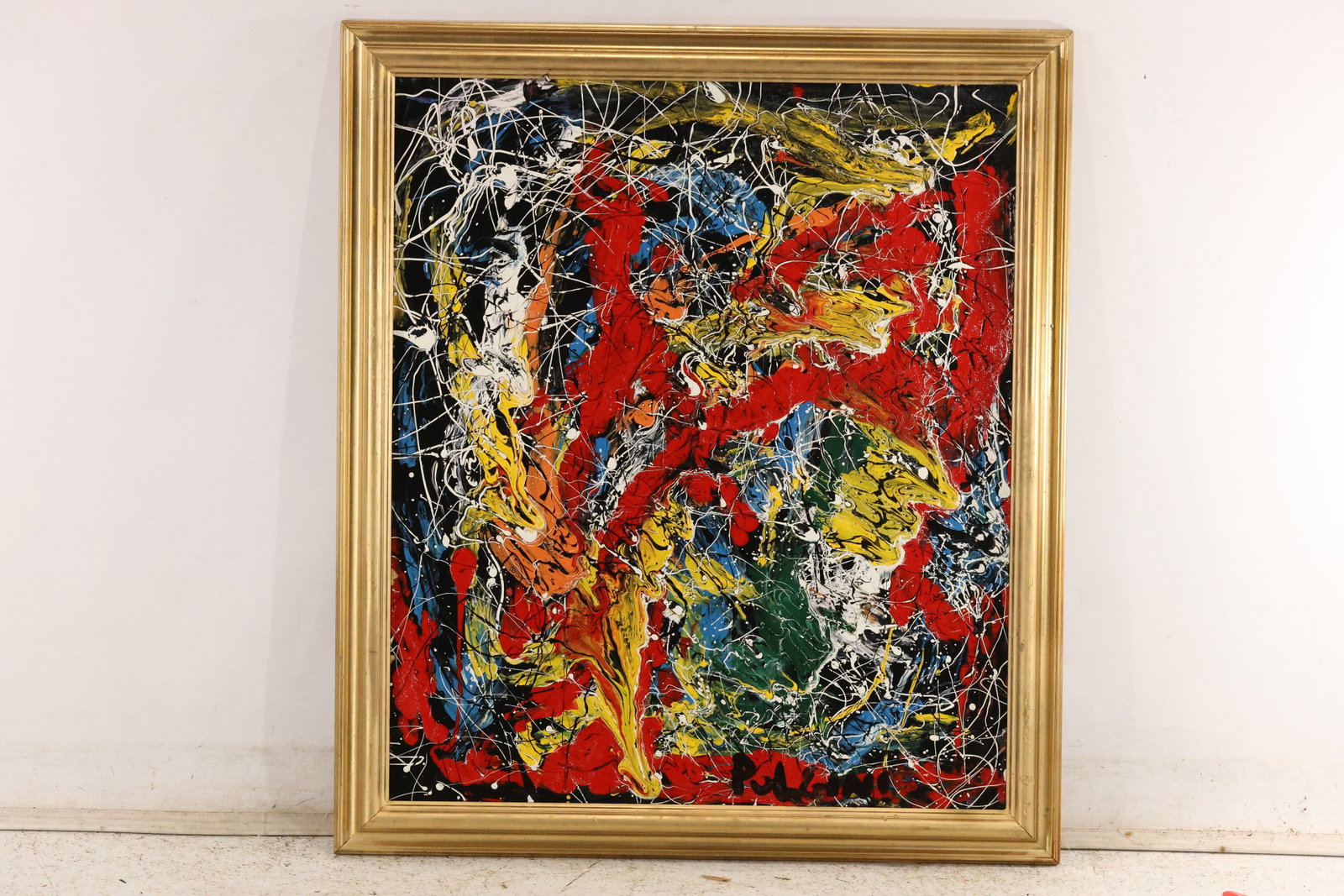 Thomas Pulgini Layered Multicolor Drip Painting Painting: Original painting by Thomas Pulgini. Dense red, yellow, white, blue, and green drips and looping lines create an allover abstract composition. Presented in a gold-toned frame. Size: 28 x 24 inches. Ou