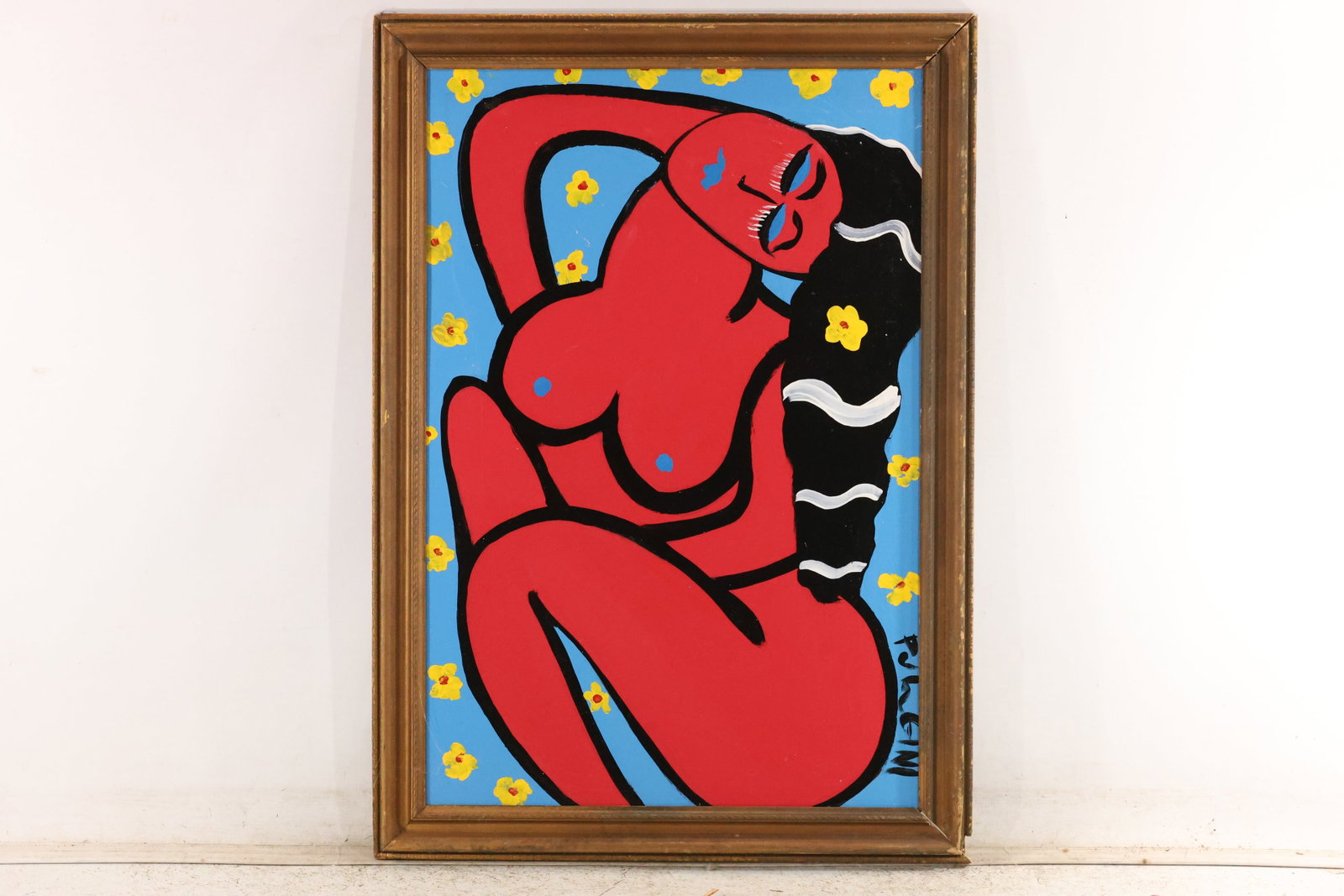 Thomas Pulgini Reclining Red Nude with Flowers Painting: Original painting by Thomas Pulgini. A reclining red figure with flowing black hair and white bands, surrounded by small yellow flowers against a blue background. Presented in a wood-toned frame. Size