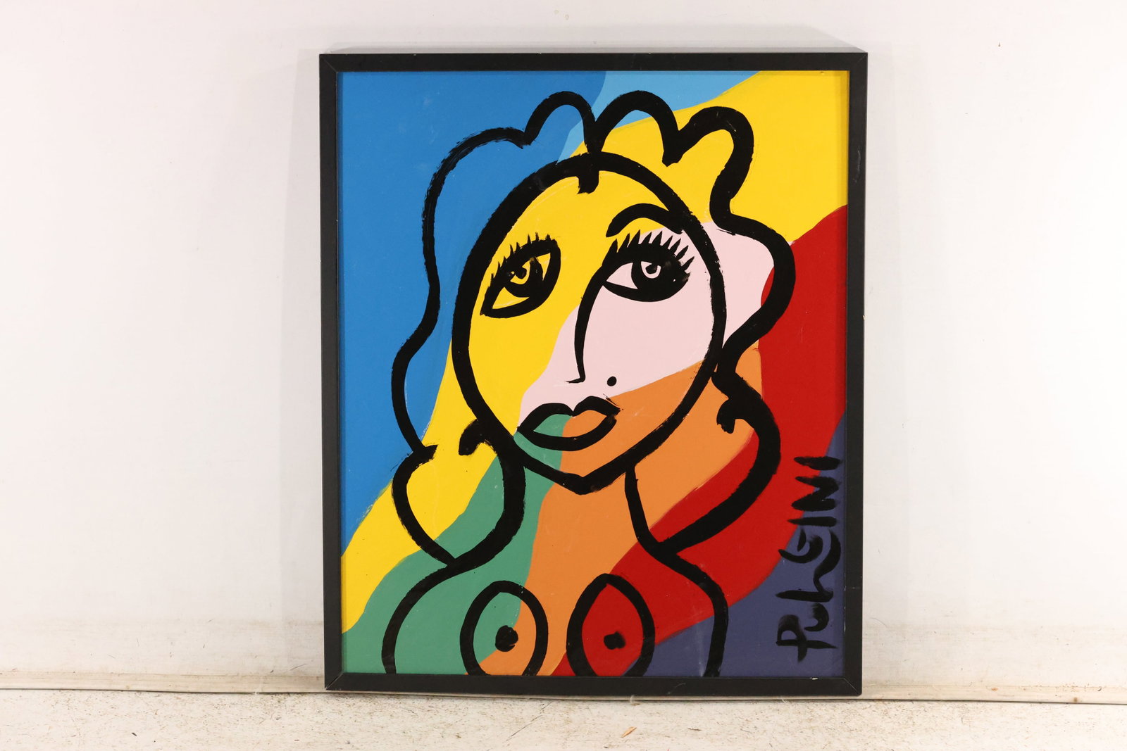 Thomas Pulgini Multicolor Female Portrait Painting: Original painting by Thomas Pulgini. A female portrait divided into yellow, pink, orange, blue, and green passages with flowing black outlines and large eyes. Presented in a dark frame. Size: 27 x 23 