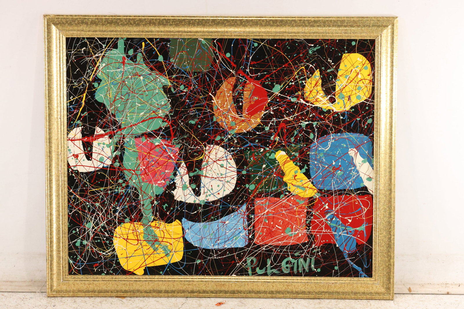 Thomas Pulgini Color Shapes with Splattered Lines Painting: Original painting by Thomas Pulgini. Irregular red, yellow, blue, green, and white shapes appear beneath fine multicolor drips and looping lines on a dark ground. Presented in a gold-toned frame. Size