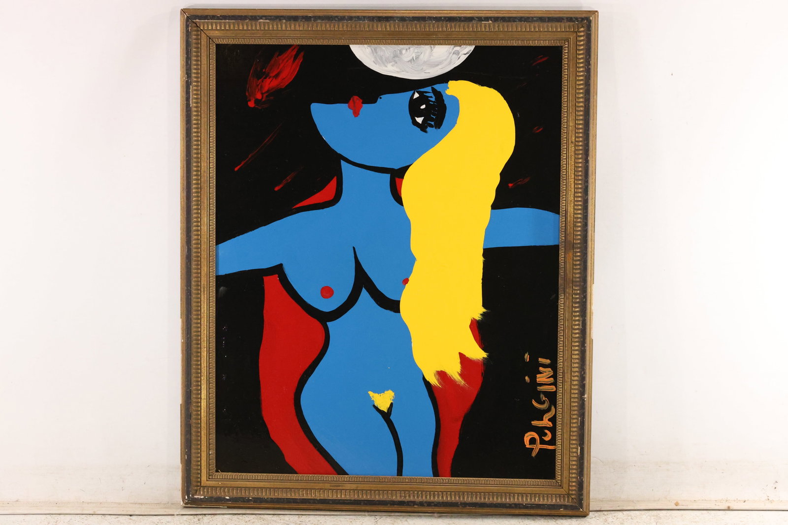 Thomas Pulgini Blue Figure beneath a Moon Painting: Original painting by Thomas Pulgini. A blue figure with flowing yellow hair and red accents beneath a pale moon, with a dark background and a horizontal blue band. Presented in an ornate dark and gold