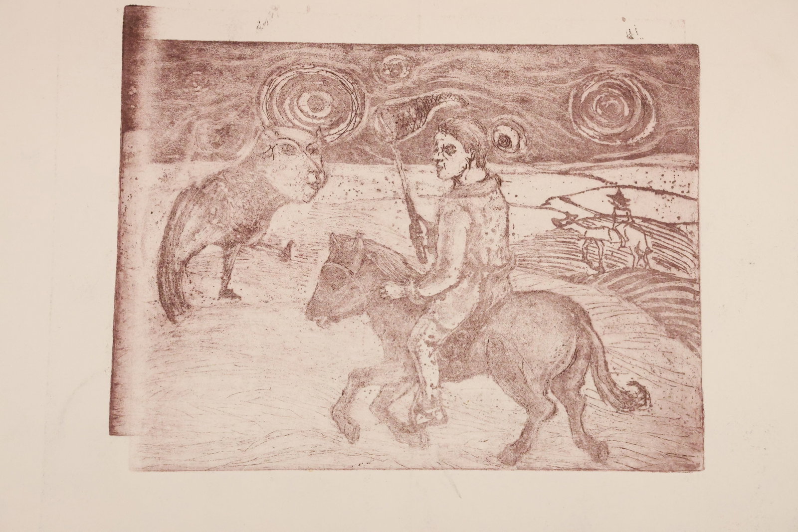 Double-Sided Woodblock Print with Horse and Figures: Woodblock print on paper featuring a reddish-brown scene of figures and a horse. The reverse carries a separate black-and-white printed composition. Size: Paper: 15 x 21 inches. Shelf ID: mc1 **Pickup