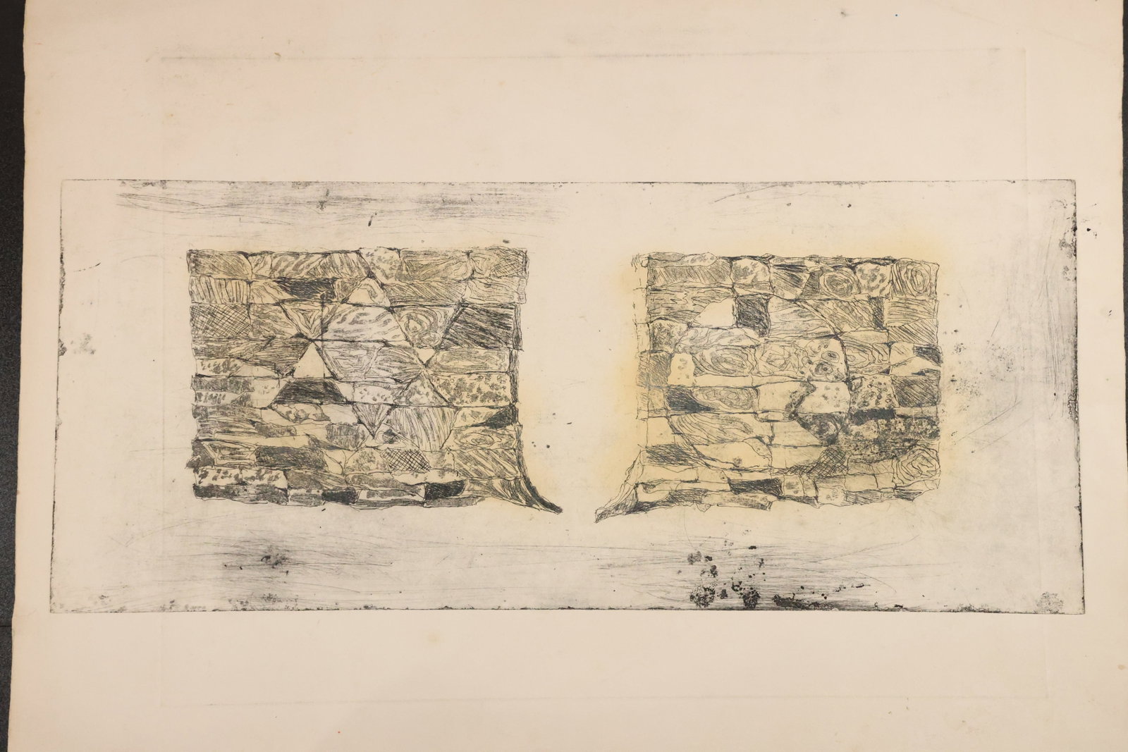 Double-Sided Woodblock Print with Girl and Abstract Designs: Double-sided woodblock print on paper. One side features paired geometric impressions; the other depicts a seated girl with braided hair and a patterned dress. Size: 30 x 22 inches. Shelf ID: mc1 **Pi