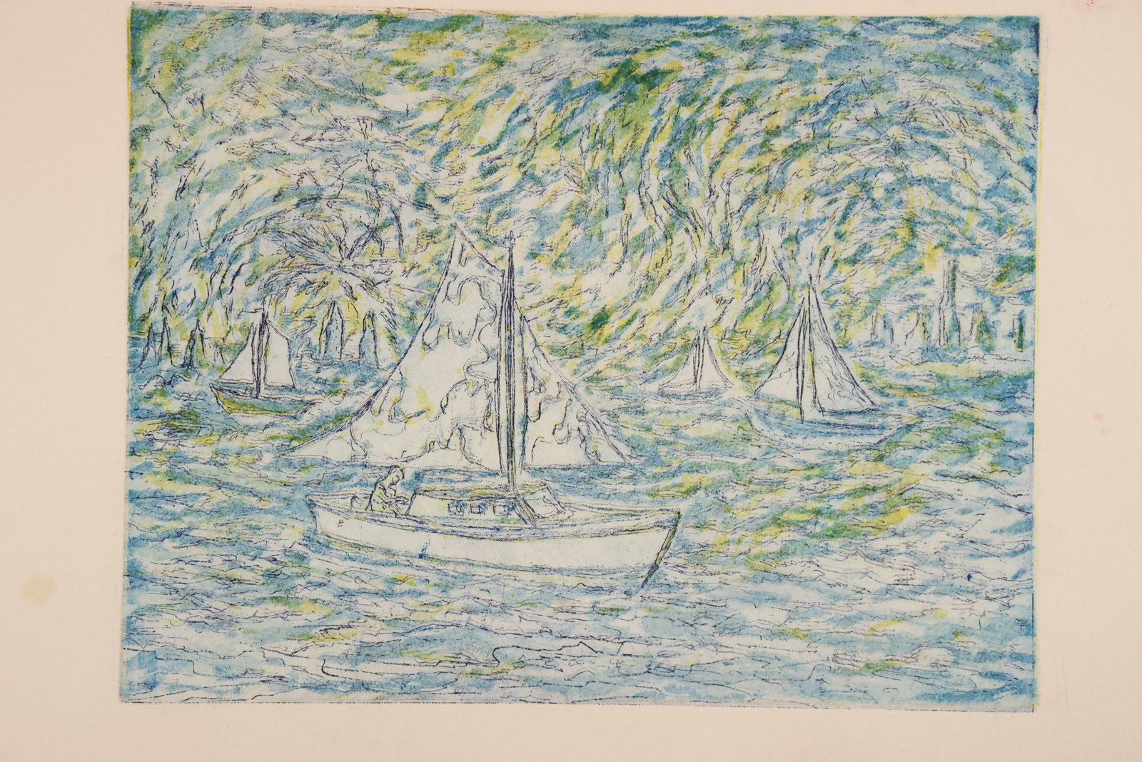Sailboats Color Woodblock Print: Color woodblock print on paper depicting sailboats among rippling water and sweeping foliage-like marks in blue, green, and yellow. Size: Paper: 15 x 22 inches. Shelf ID: mc1 **Pickup Notice:** This i