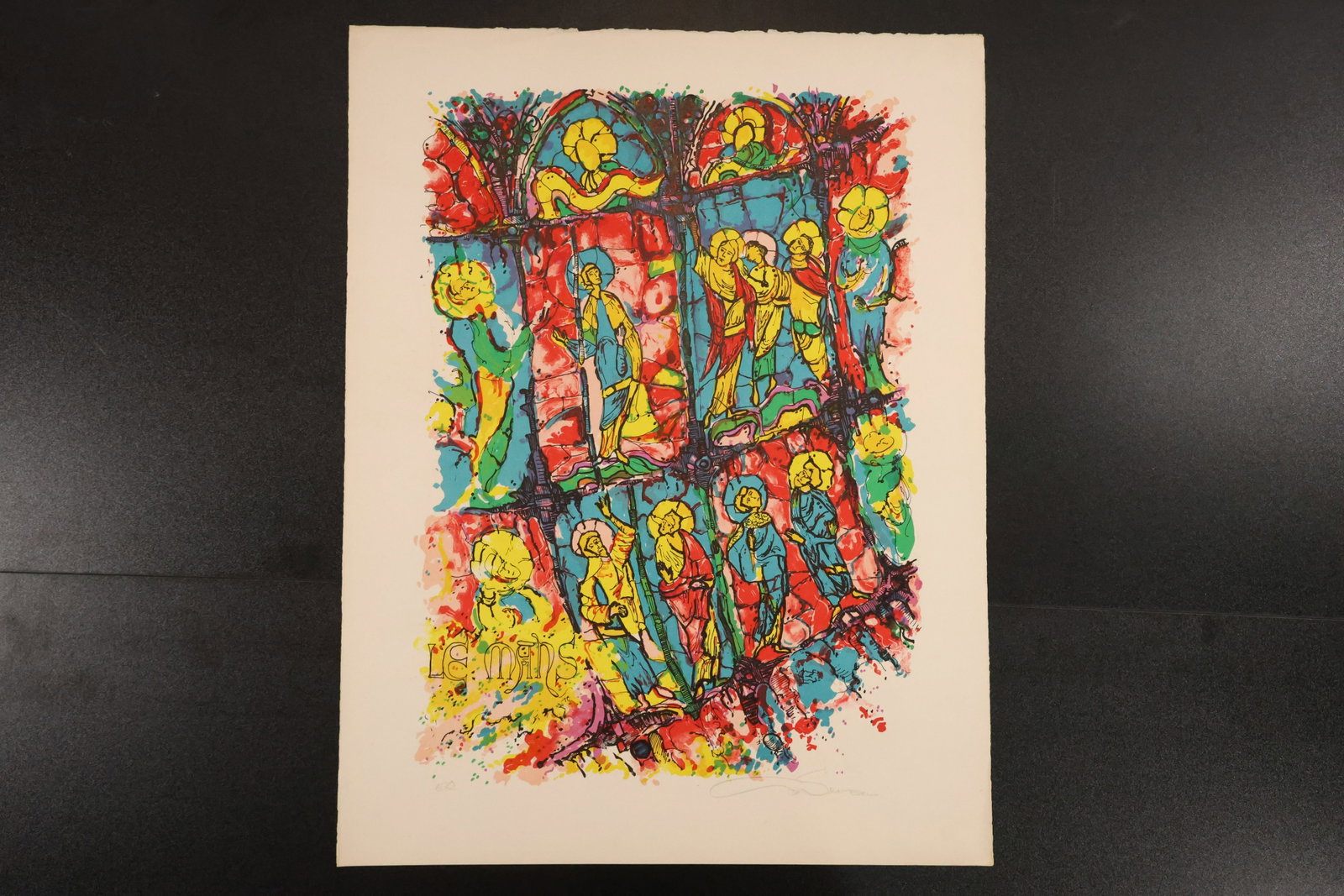 Signed Color Print of Stained-Glass-Style Figures: Color print with rows of stylized figures and architectural panels rendered in red, yellow, blue, and green with dark outlines. Signed at lower right. Size: 26 x 20 inches. Shelf ID: mc1 **Pickup Noti