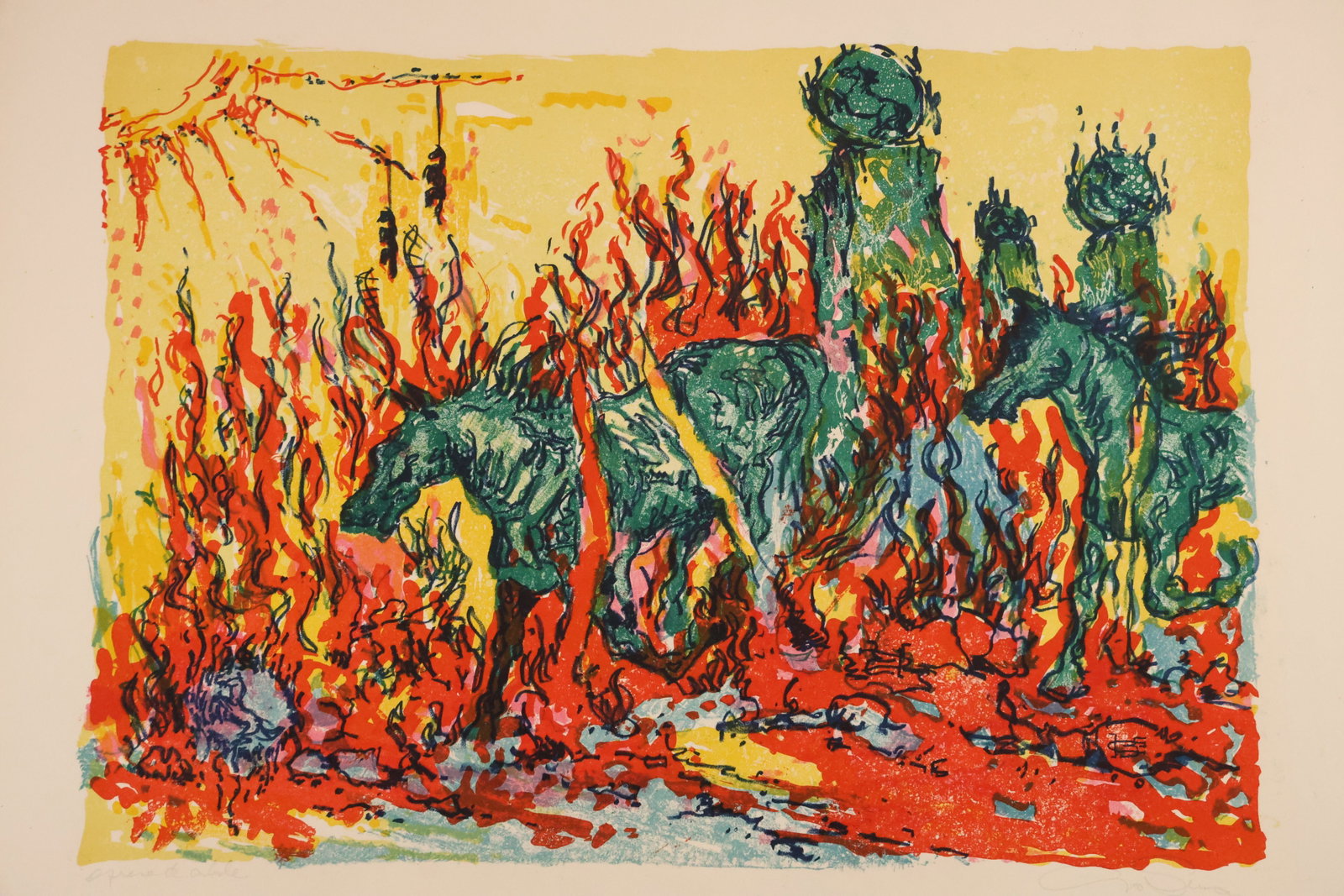 Signed Surreal Color Print with Green Sculptural Forms: Color print depicting green ornamental or sculptural forms surrounded by red-orange flame-like marks against a yellow ground. Signed at lower right. Size: 26 x 20 inches. Shelf ID: mc1 **Pickup Notice