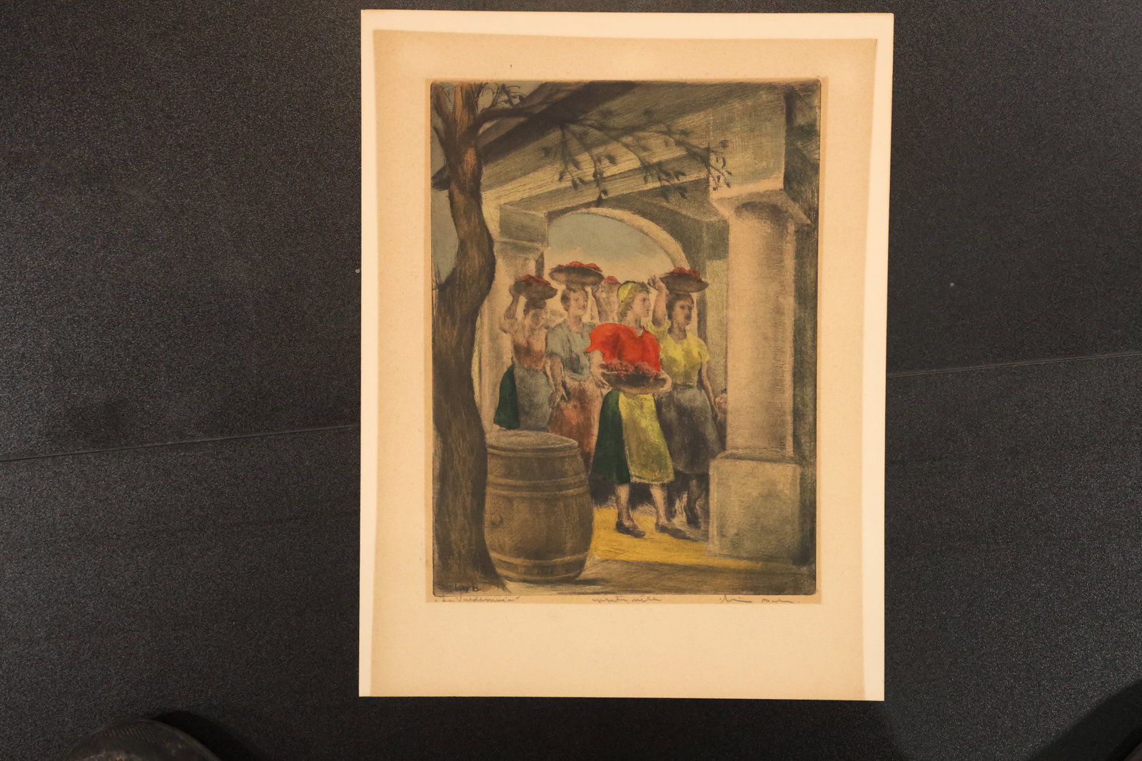 Signed Hand-Colored Etching of Figures beside a Barrel: Hand-colored etching depicting figures beneath a stone arch beside a large wooden barrel. Signed in the lower margin and presented with a light-colored mat. Size: Paper: 15 x 11 inches. Shelf ID: mc1 