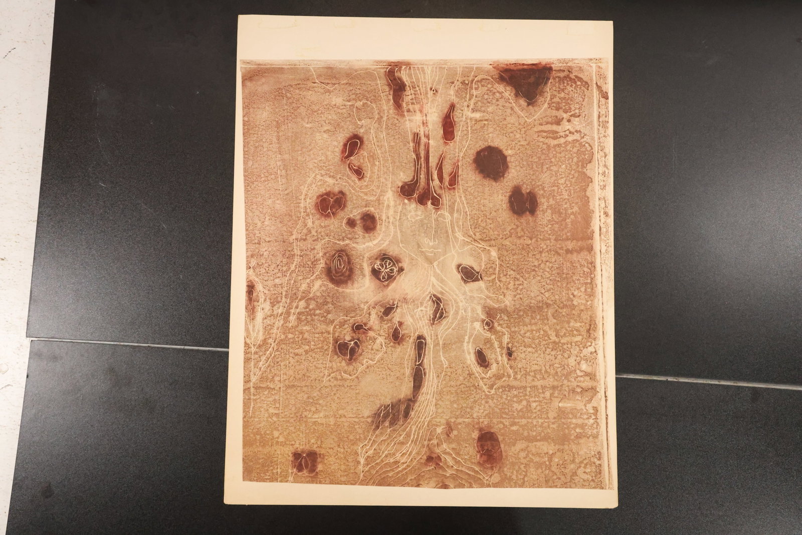Don Purdy Abstract Painting on Paper: Painting on paper by Don Purdy with reddish-brown organic spots and fine pale lines over a warm textured ground. From the artist’s private portfolio, acquired directly from his son according to the 