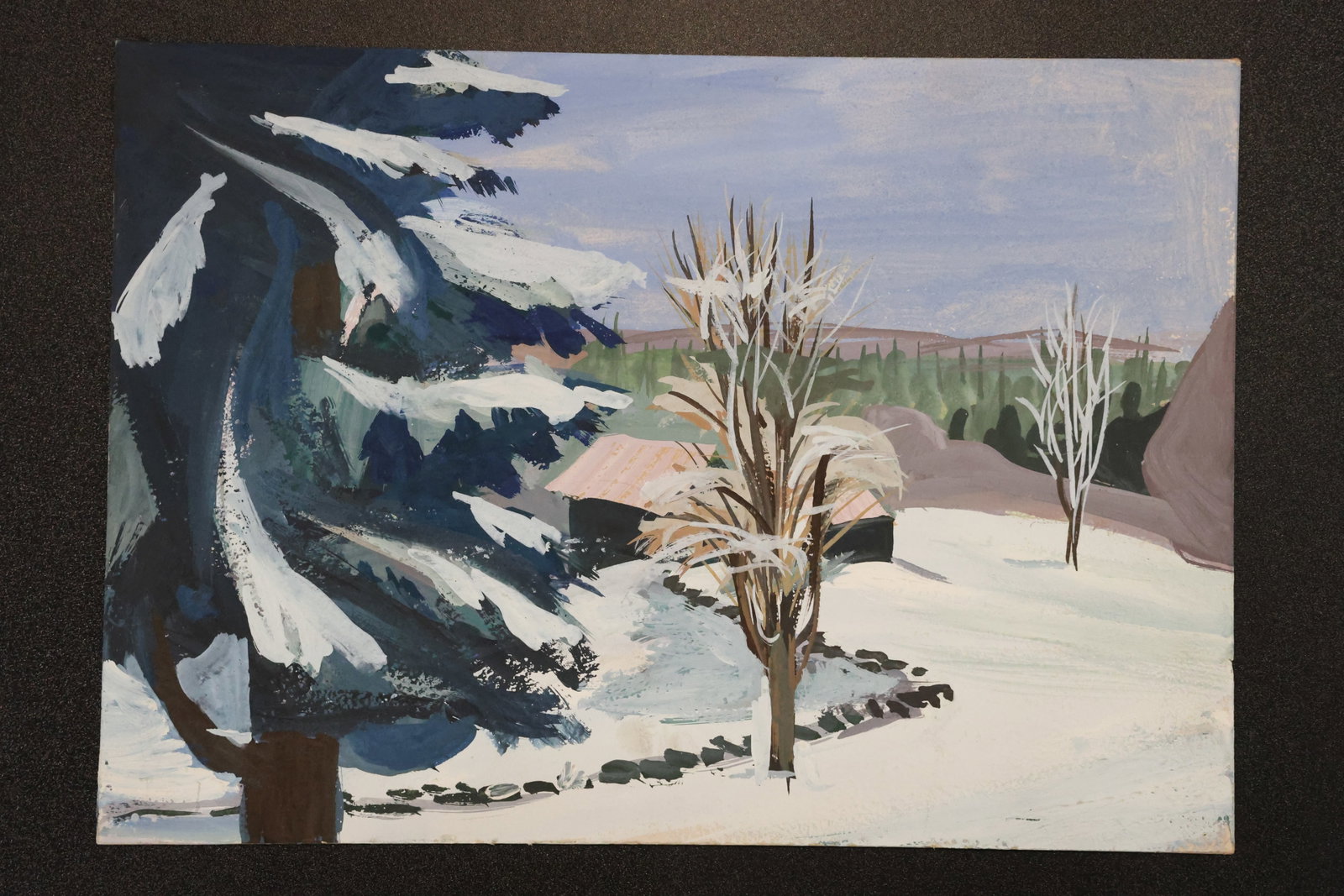 Winter Landscape Painting on Board: Painting on board depicting snow-covered ground, bare trees, an evergreen, and distant houses. A handwritten inscription appears on the reverse. Size: 9.25 x 13 inches. Shelf ID: mc1 **Pickup Notice:*