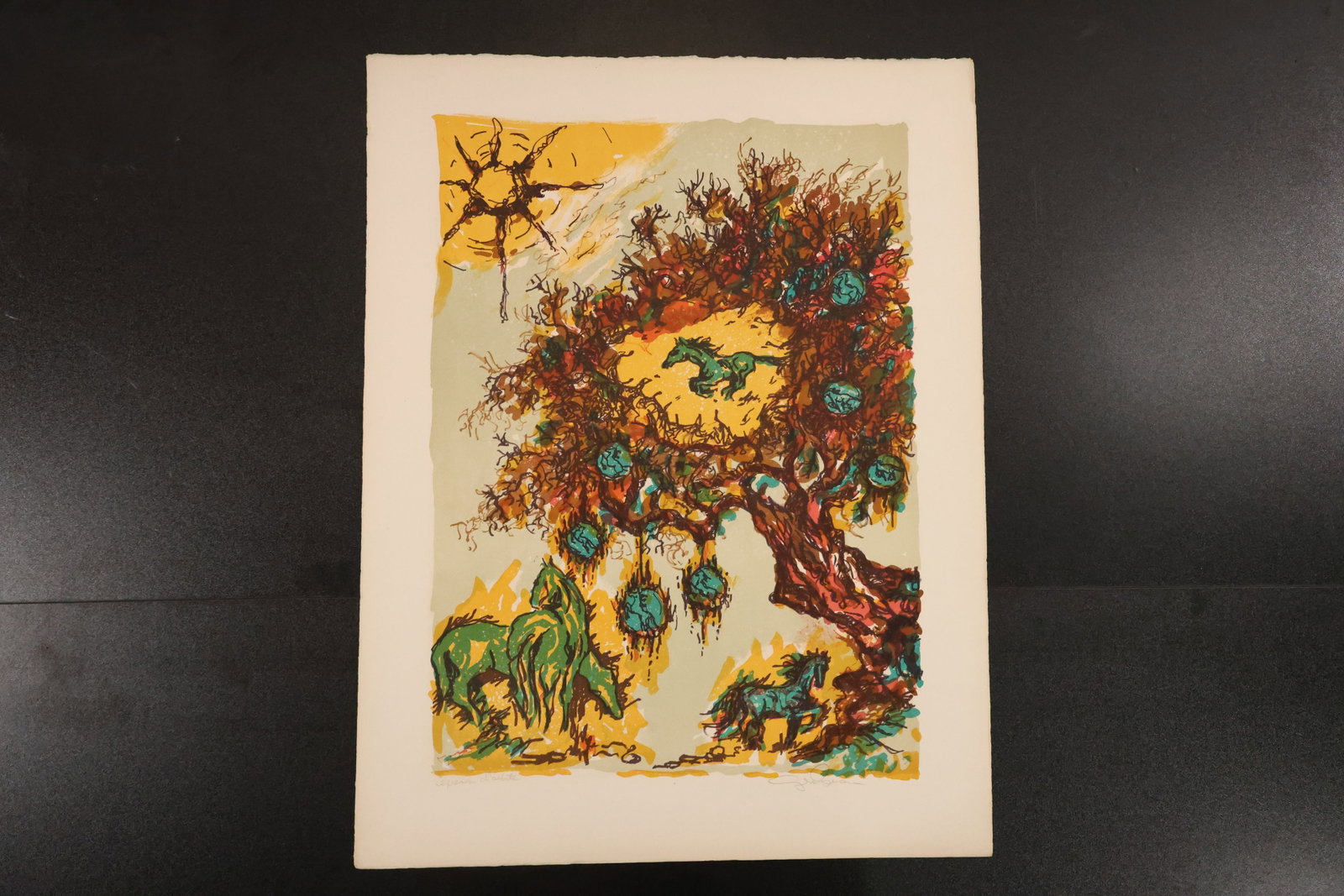 Signed Surreal Color Print with Tree and Hanging Forms: Color print depicting an elaborate tree-like structure with hanging blue forms, an eye-like central opening, and small fantastic creatures. Signed at lower right. Size: 26 x 20 inches. Shelf ID: mc2 *