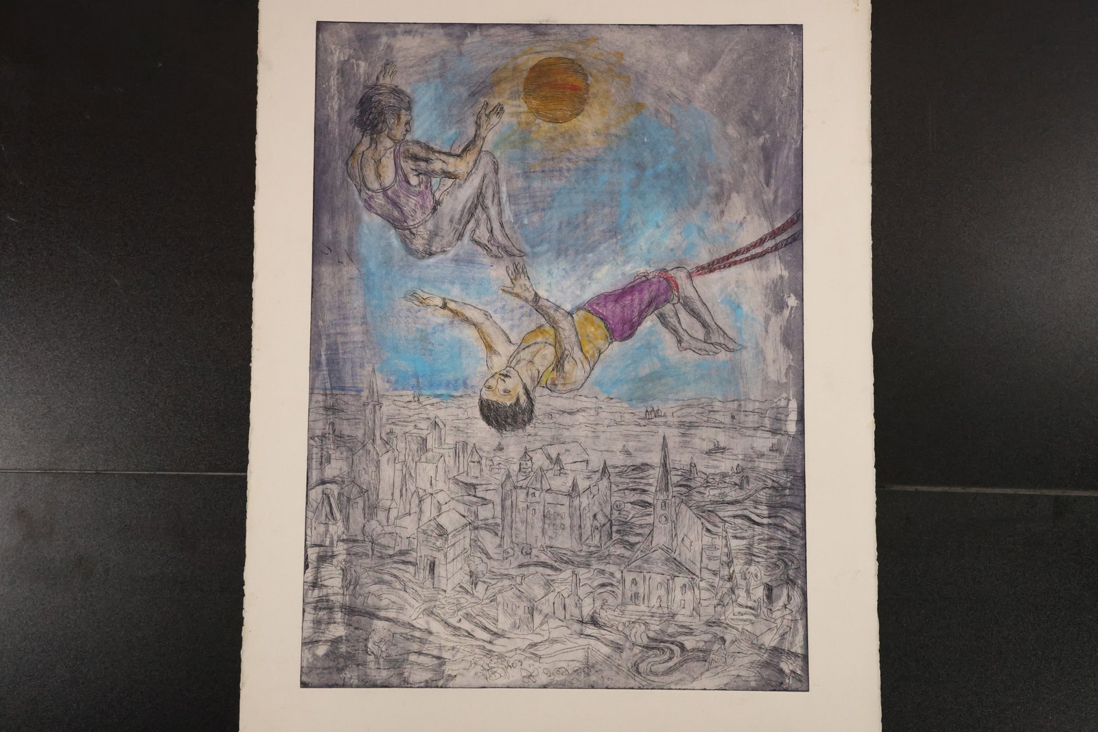 Trapeze Performers Color Print: Color print depicting airborne trapeze performers above a densely drawn cityscape. Pale blue, purple, and yellow passages contrast with the fine dark architectural lines below. Size: 30 x 22 inches. S