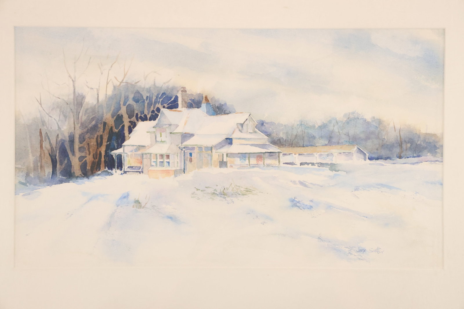 Jane Scott “Wayne Station?? Winter Watercolor: Watercolor depicting a snow-covered station building with bare trees and pale winter shadows. A Newman Galleries label on the reverse identifies the artist as Jane Scott and the title as “Wayne Stat