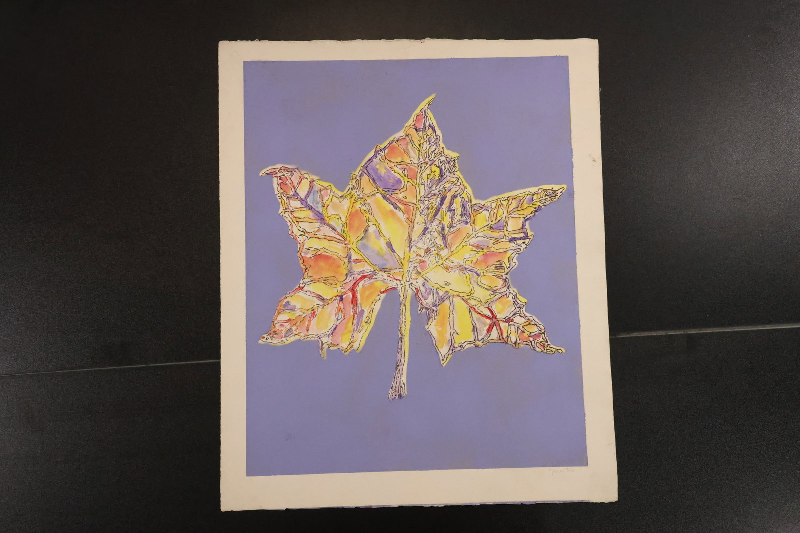 Signed Color Leaf Print on Purple: Color print depicting a large leaf in yellow, pink, orange, and pale green with dark branching veins against a purple ground. Signed in the lower margin. Size: 22 x 18 inches. Shelf ID: mc2 **Pickup N