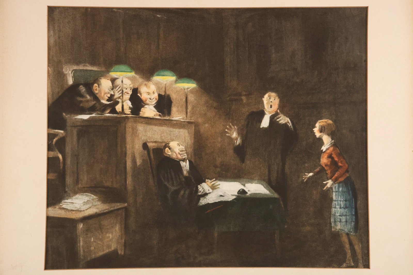 Courtroom Scene Lithograph with Gold-Toned Border: Lithograph depicting a courtroom interior with an advocate, seated officials, and onlookers. Presented with a broad gold-toned border. Signature is noted beneath the matting. Size: 19 x 22 inches. She