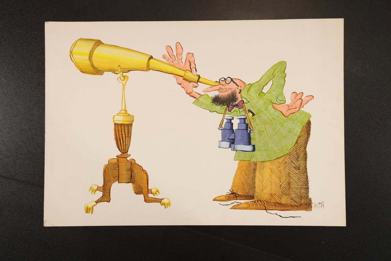 Tony Auth Original Telescope Illustration on Board: Original color illustration on board depicting a bearded man in a green coat looking through a long yellow telescope, with binoculars hanging from his neck. Signed Auth. Reverse notes identify Tony Au