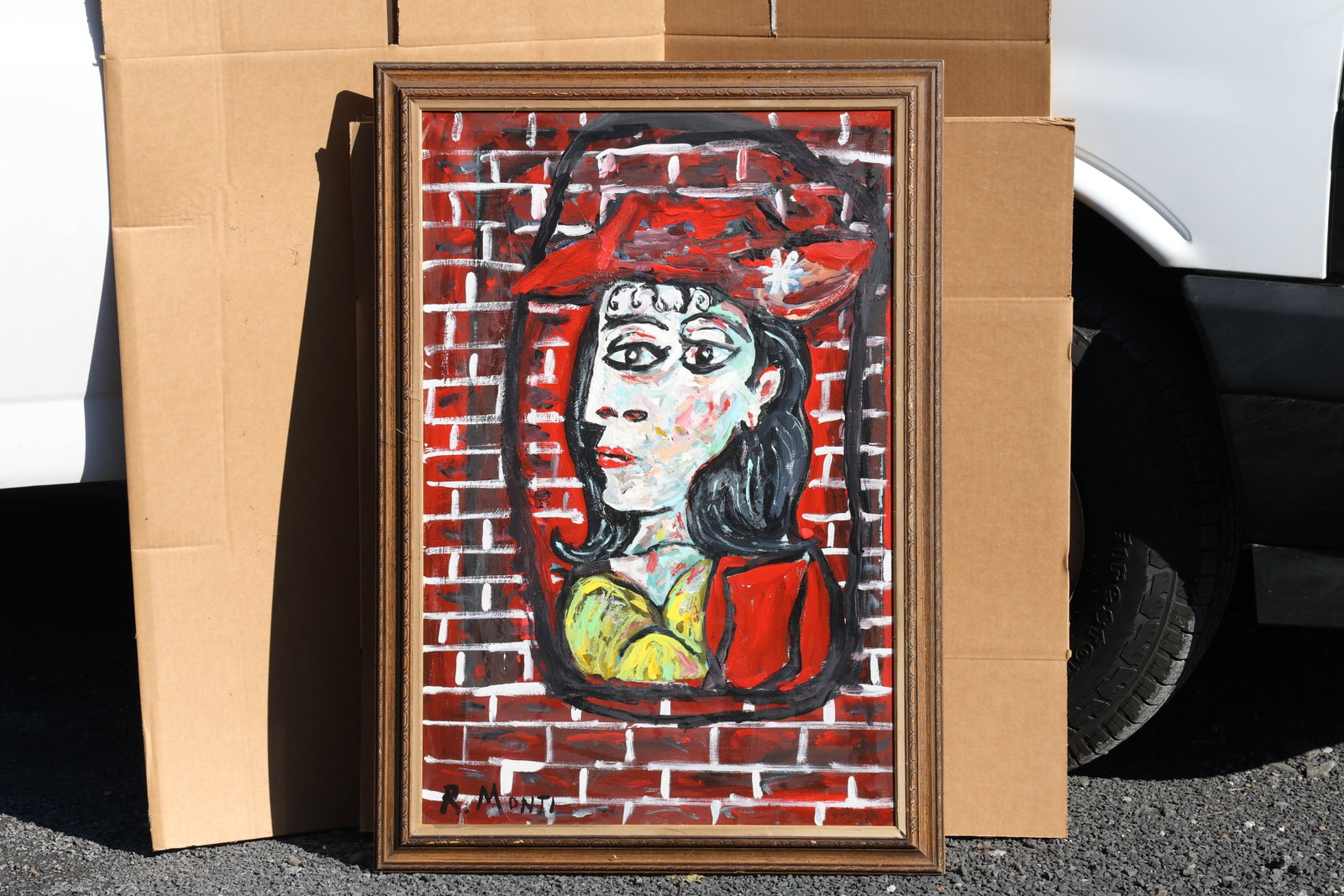 Rocco Monticolo (R. Monti) Woman in Red Hat against Brick Wall Painting: Original painting by Rocco Monticolo (R. Monti). An expressive portrait of a woman wearing a red hat and multicolor clothing against a red brick-patterned background. Size: 24 x 36 inches; outside fra