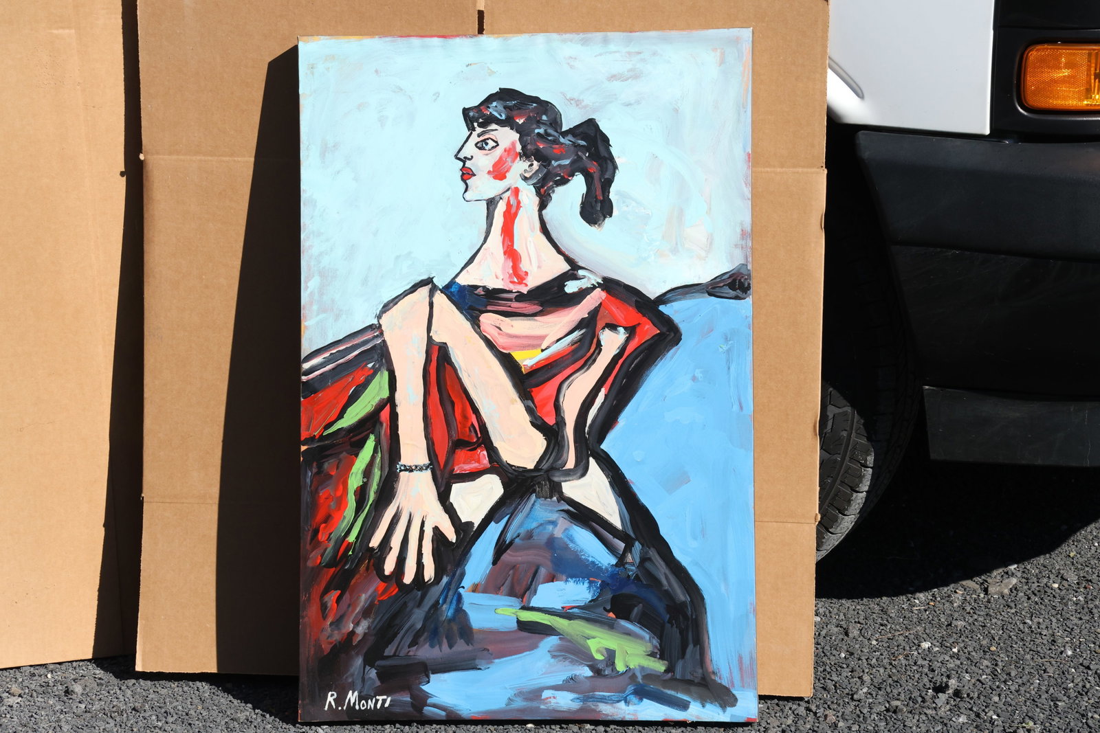 Rocco Monticolo (R. Monti) Seated Woman with Ponytail Painting: Original painting by Rocco Monticolo (R. Monti). An angular seated woman in profile with a dark ponytail, long neck, and sharply defined arms against a pale blue background. Size: 23.5 x 25.5 inches. 